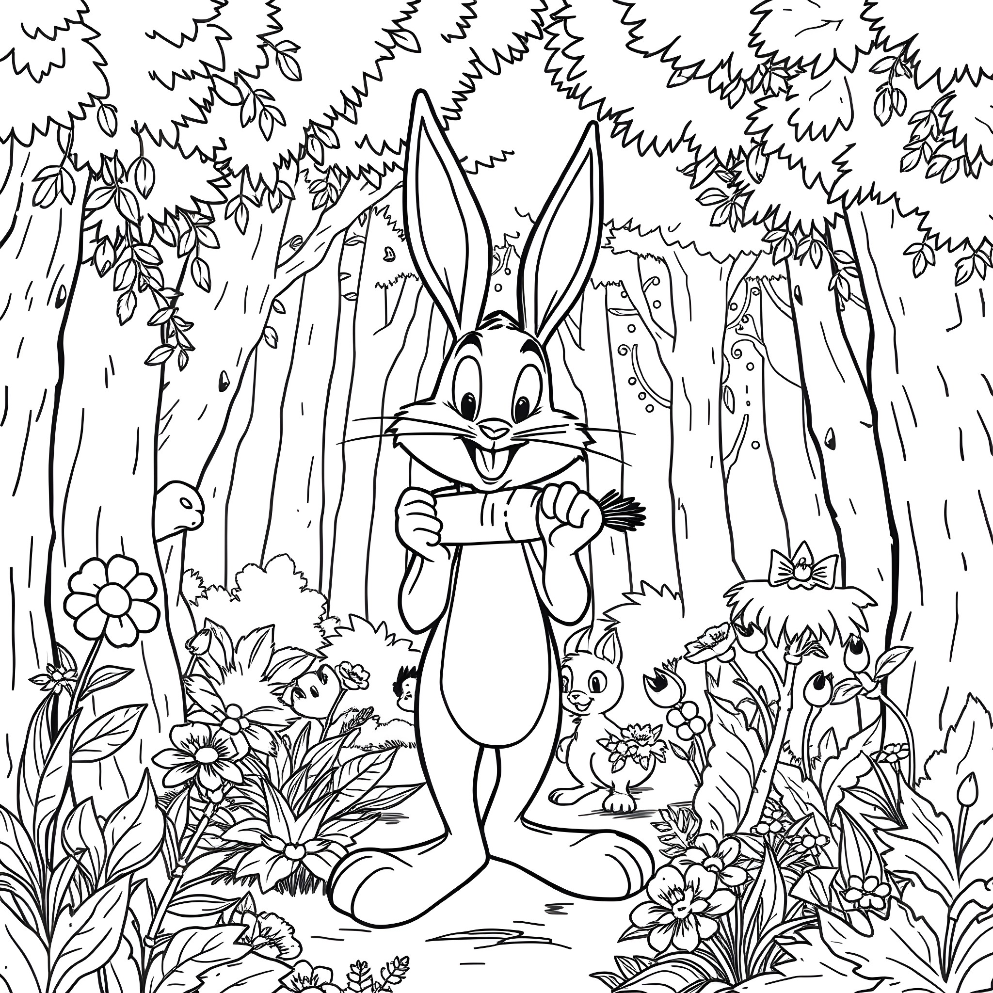 Bugs Bunny exploring a lush forest scene Coloring Page (free black-and-white line drawing printable PDF for all, from beginners to advanced learners, including children, teens, adults, and seniors)