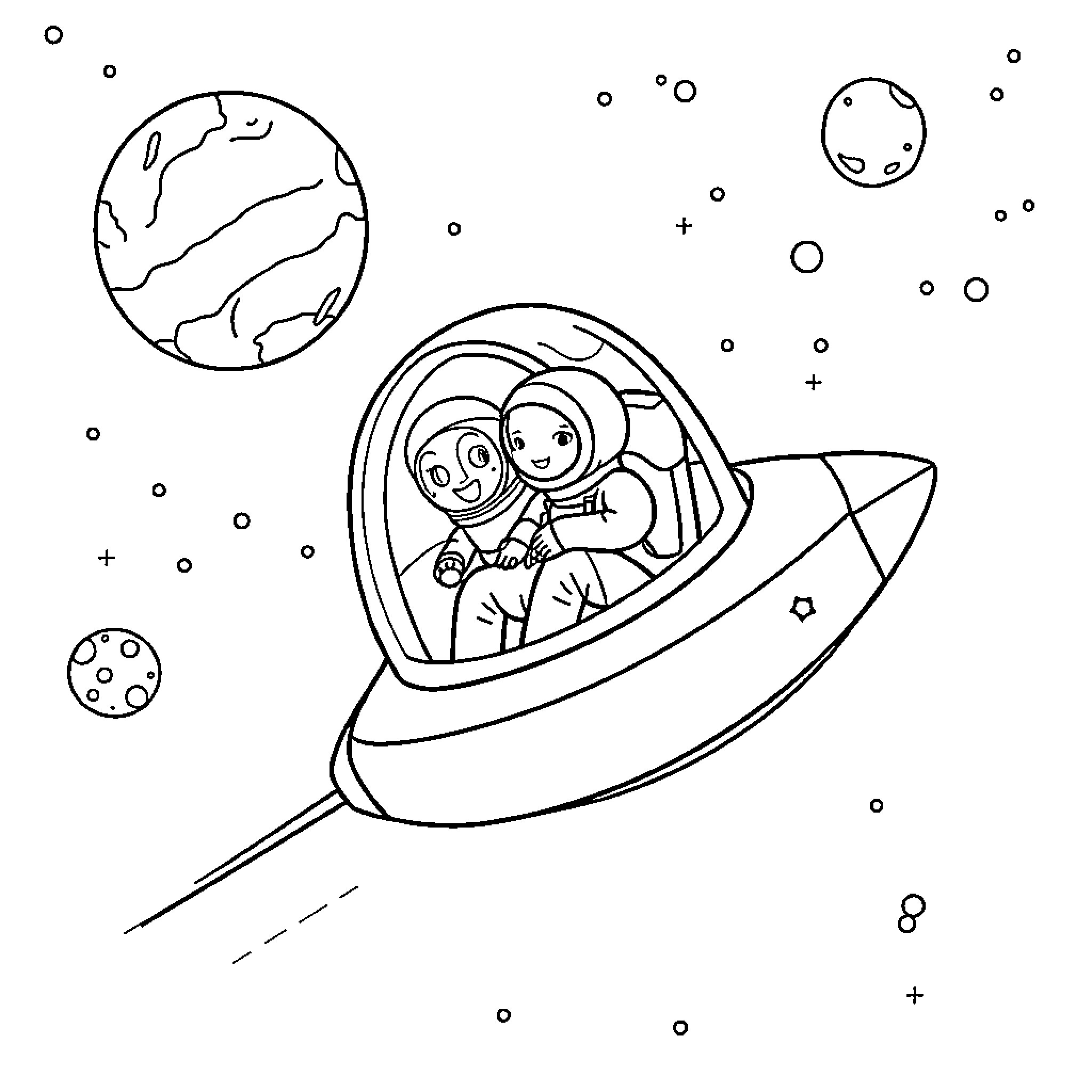Astronauts exploring the cosmos in a spacecraft Coloring Page (free black-and-white line drawing printable PDF for all, from beginners to advanced learners, including children, teens, adults, and seniors)