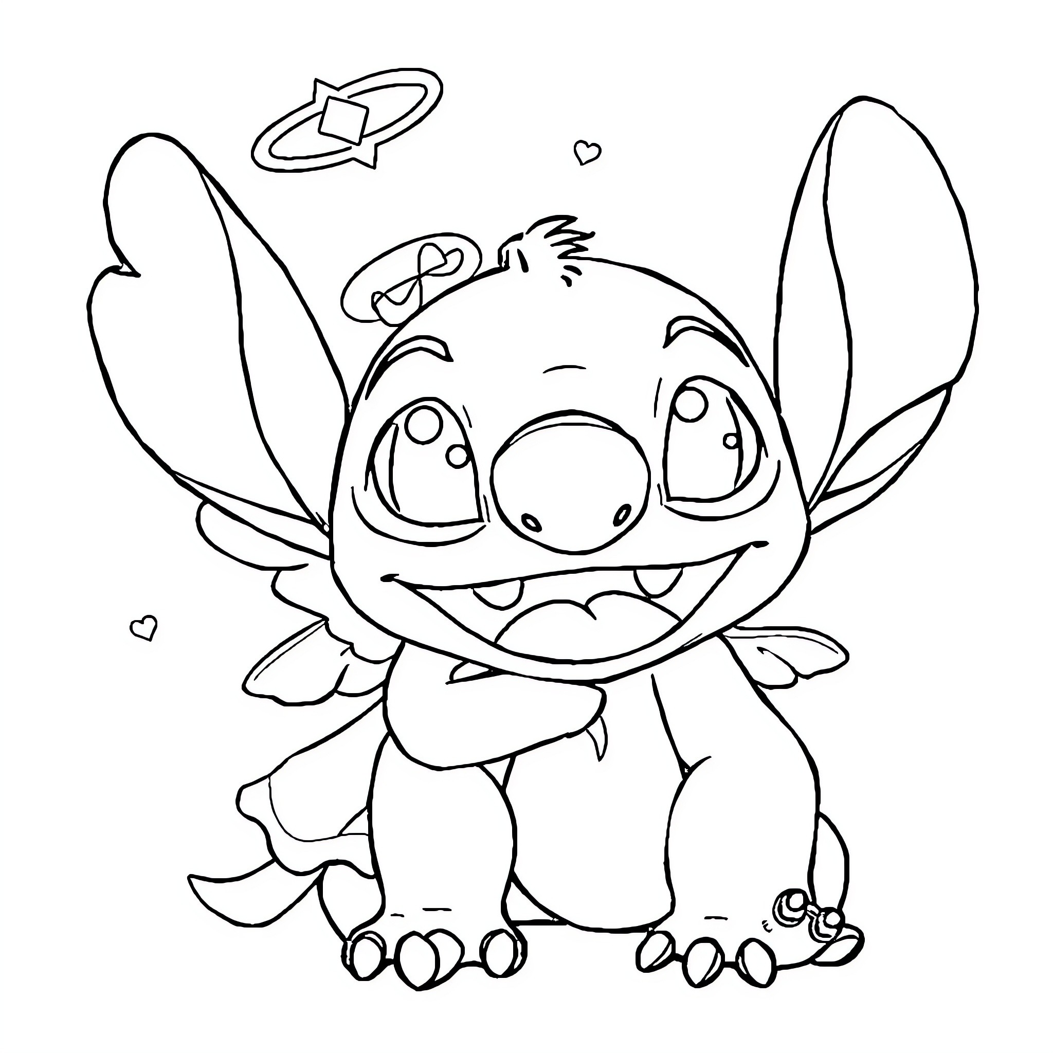 Stitch playing happily with hearts and flowers Coloring Page (free black-and-white line drawing printable PDF for all, from beginners to advanced learners, including children, teens, adults, and seniors)