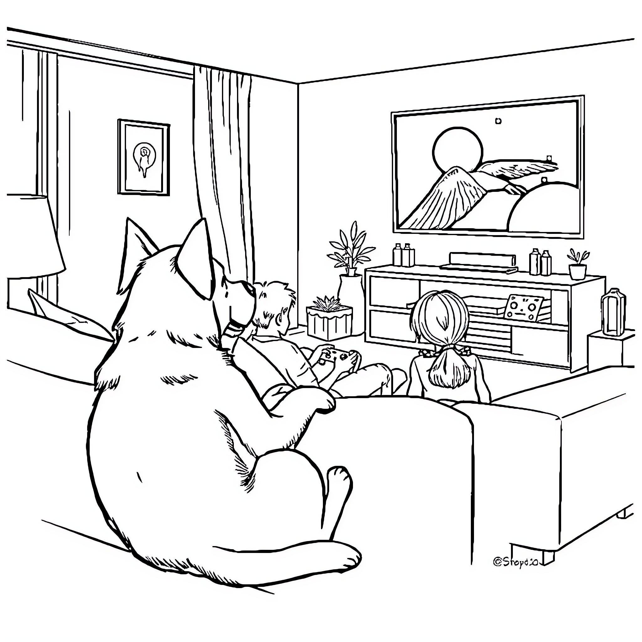 Bluey and friends relax in cozy living room Coloring Page (free black-and-white line drawing printable PDF for all, from beginners to advanced learners, including children, teens, adults, and seniors)