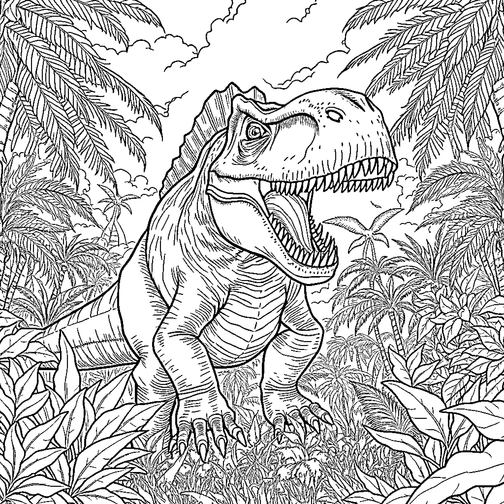 Vastatosaurus roaming the prehistoric jungle Coloring Page (free black-and-white line drawing printable PDF for all, from beginners to advanced learners, including children, teens, adults, and seniors)