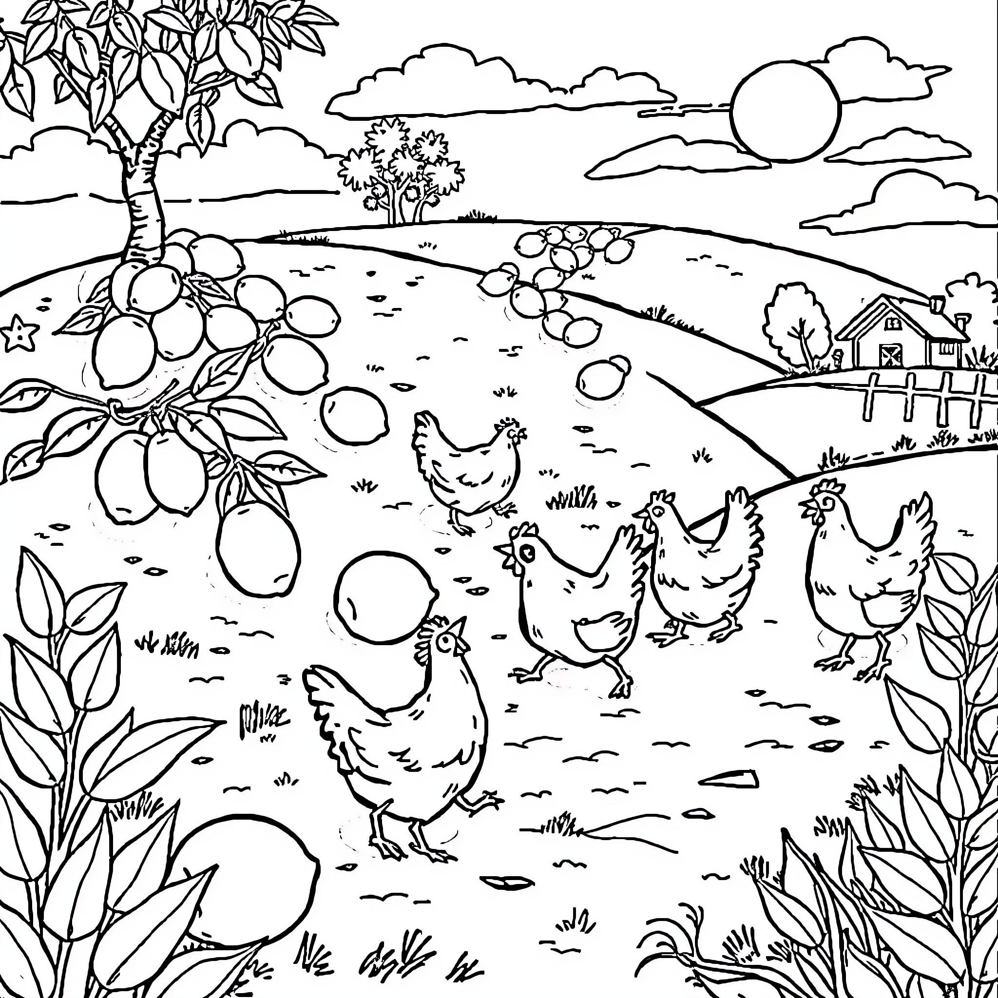 Lemon Orchard with Playful Chickens Coloring Page (free black-and-white line drawing printable PDF for all, from beginners to advanced learners, including children, teens, adults, and seniors)