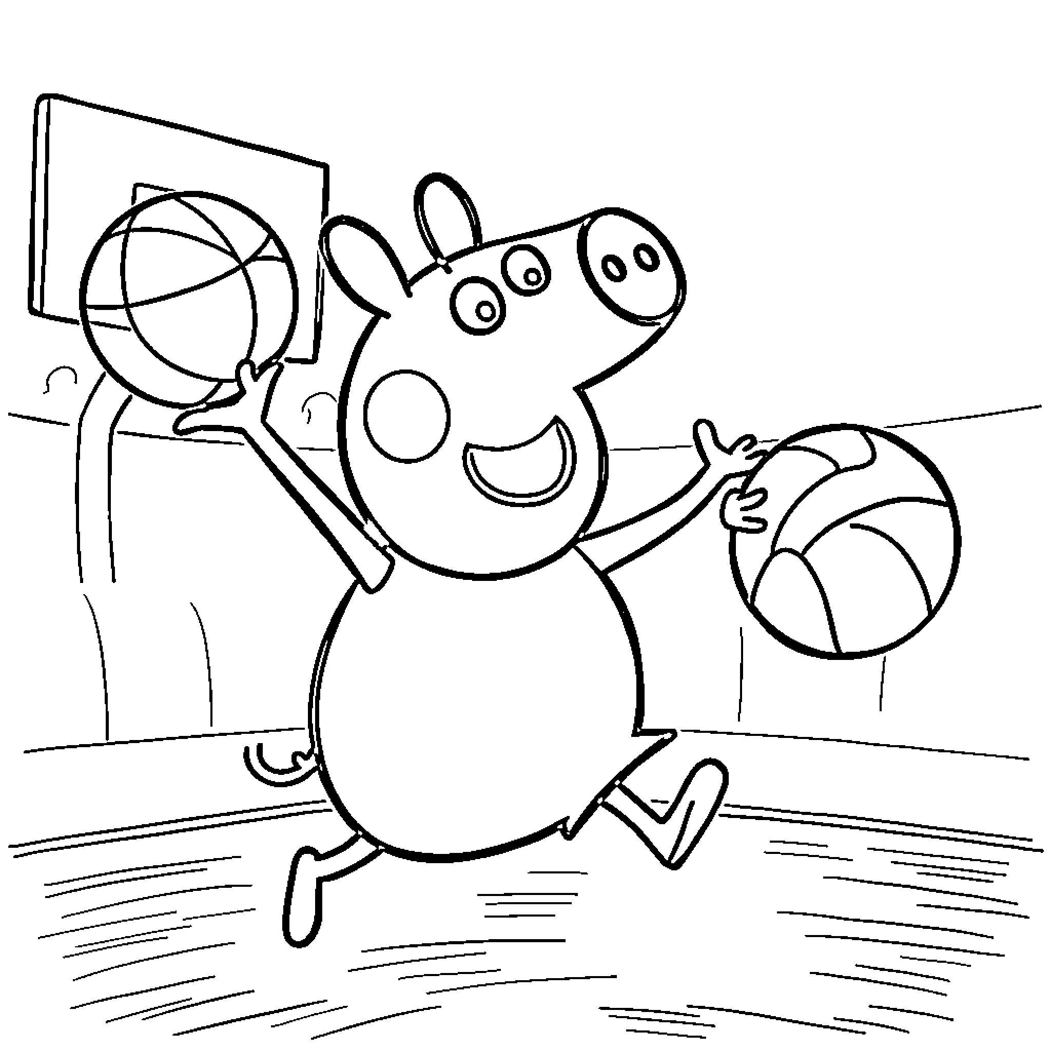Pepa playing happily with ball Coloring Page (free black-and-white line drawing printable PDF for all, from beginners to advanced learners, including children, teens, adults, and seniors)