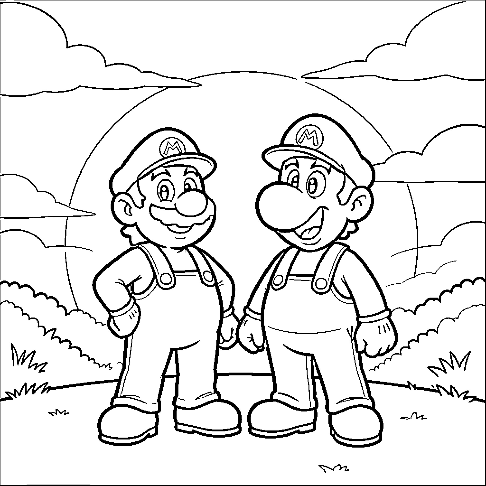 Yoshi and Mario standing together in a field Coloring Page (free black-and-white line drawing printable PDF for all, from beginners to advanced learners, including children, teens, adults, and seniors)