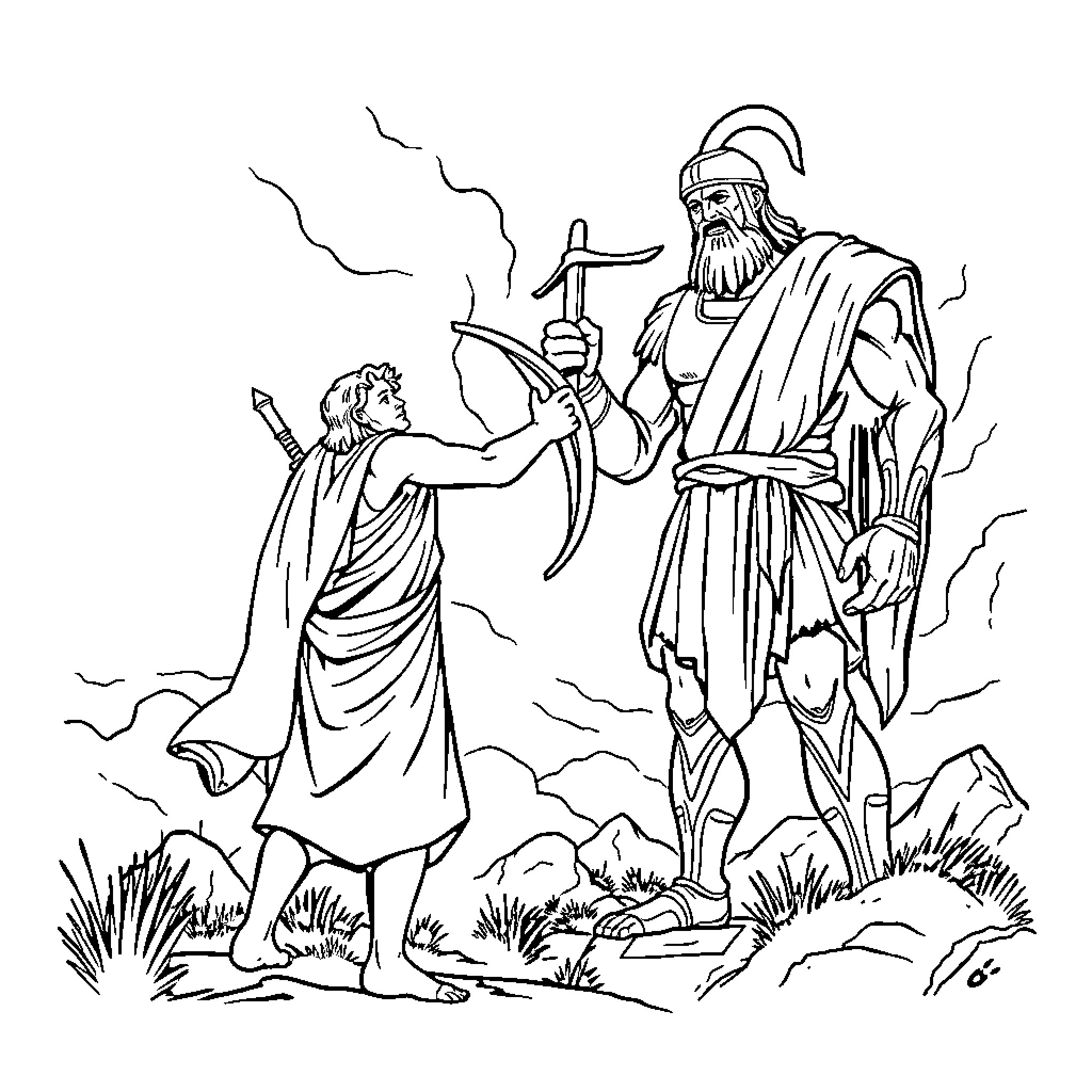 David and the Giant: A Dramatic Biblical Confrontation Coloring Page (free black-and-white line drawing printable PDF for all, from beginners to advanced learners, including children, teens, adults, and seniors)
