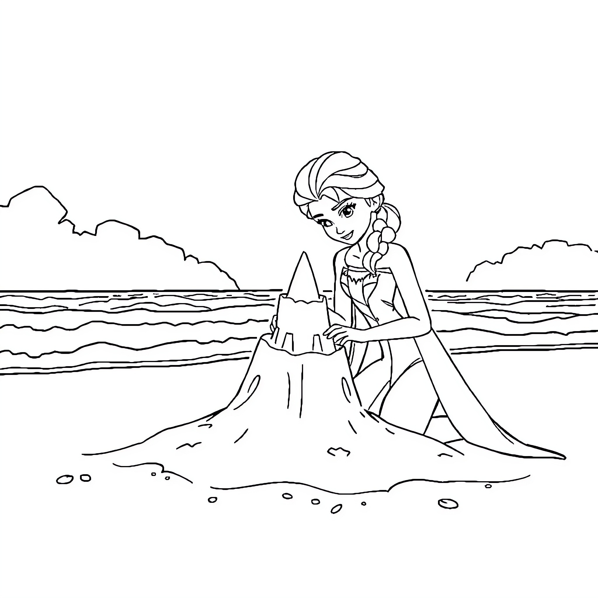 Elsa building a sandcastle on the beach Coloring Page (free black-and-white line drawing printable PDF for all, from beginners to advanced learners, including children, teens, adults, and seniors)