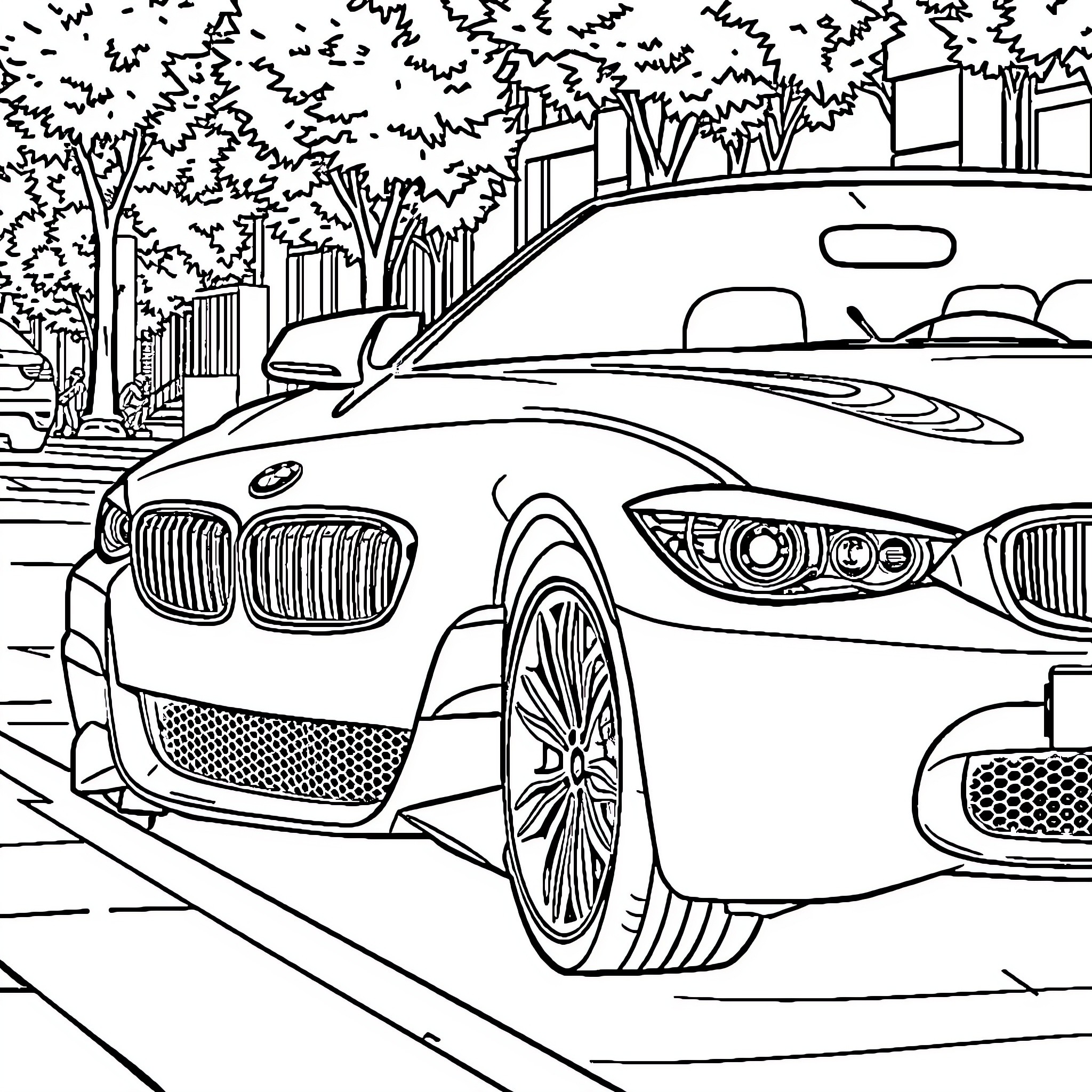 BMW sports car parked on city street Coloring Page (free black-and-white line drawing printable PDF for all, from beginners to advanced learners, including children, teens, adults, and seniors)