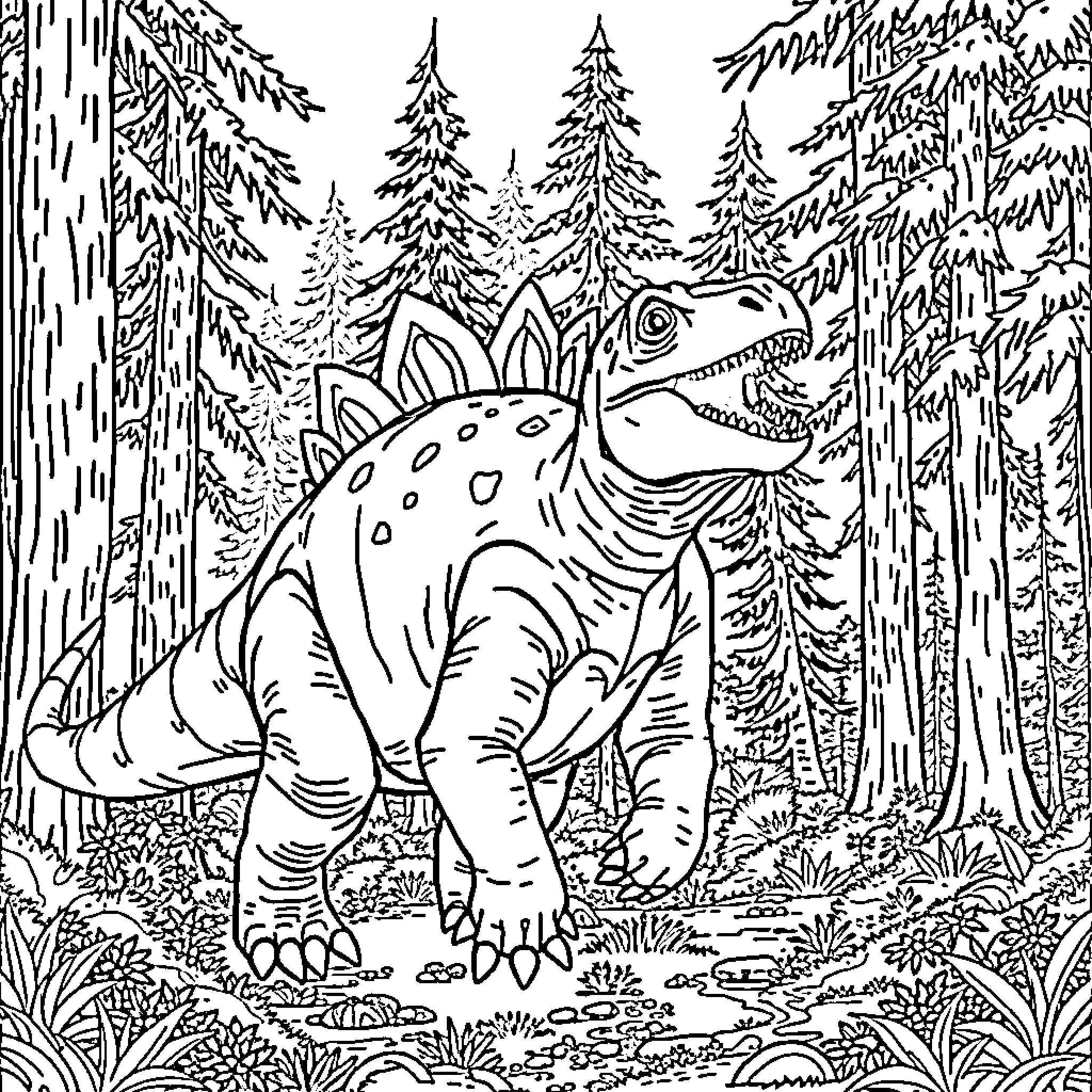 Ankylosaurus exploring the enchanted forest Coloring Page (free black-and-white line drawing printable PDF for all, from beginners to advanced learners, including children, teens, adults, and seniors)