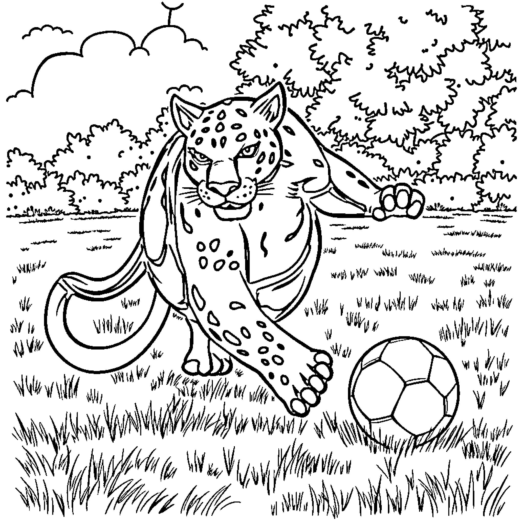 Panther playing with a soccer ball in the wild Coloring Page (free black-and-white line drawing printable PDF for all, from beginners to advanced learners, including children, teens, adults, and seniors)