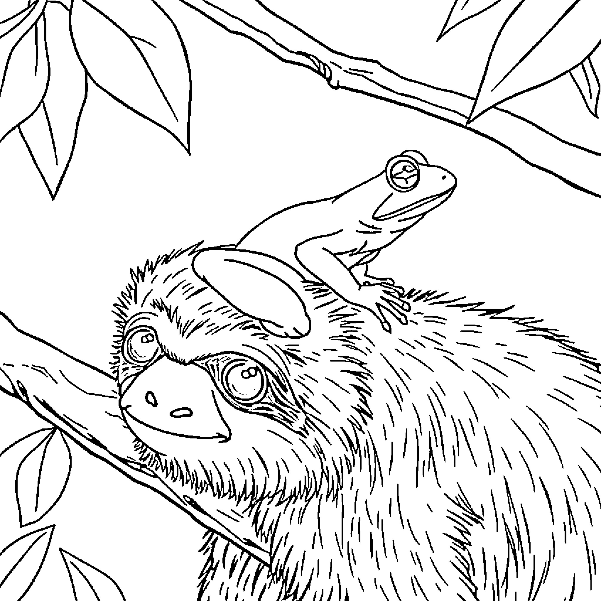Frog resting on a sloth in the jungle Coloring Page (free black-and-white line drawing printable PDF for all, from beginners to advanced learners, including children, teens, adults, and seniors)