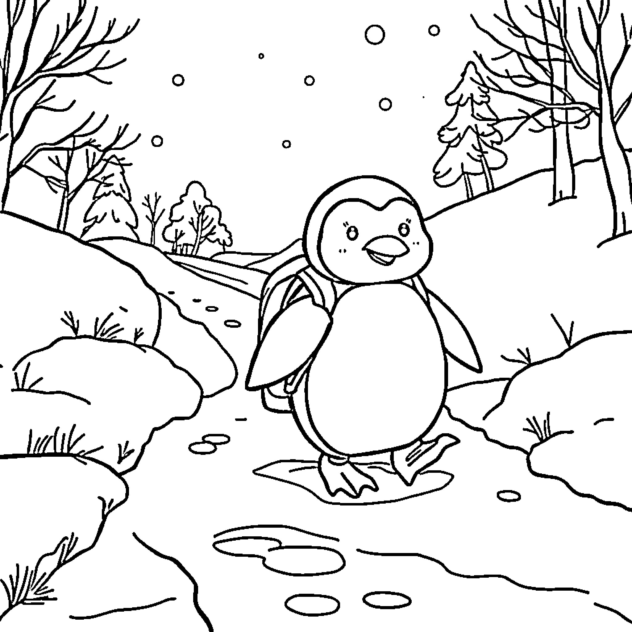 Penguin walking in the snowy forest Coloring Page (free black-and-white line drawing printable PDF for all, from beginners to advanced learners, including children, teens, adults, and seniors)