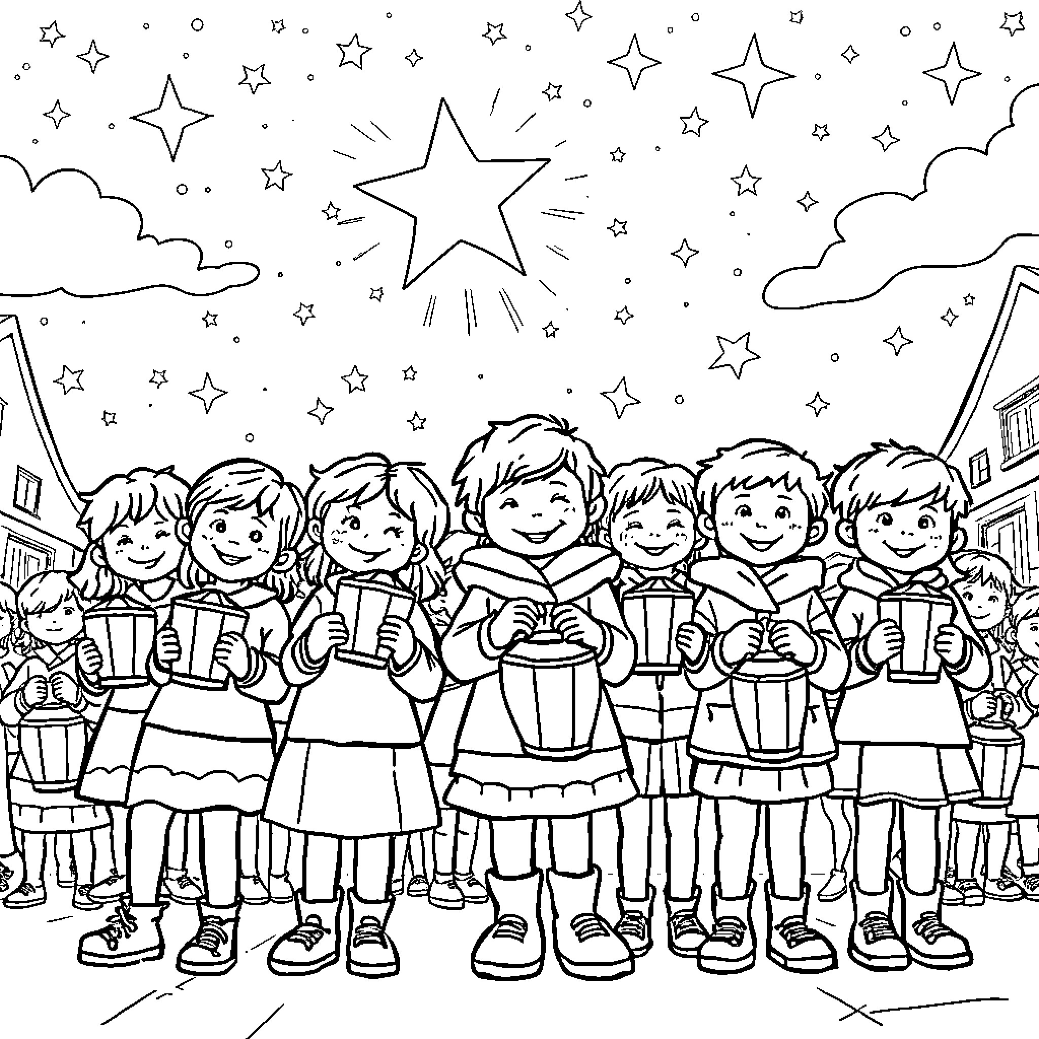 Kid performing on stage under starry night sky Coloring Page (free black-and-white line drawing printable PDF for all, from beginners to advanced learners, including children, teens, adults, and seniors)