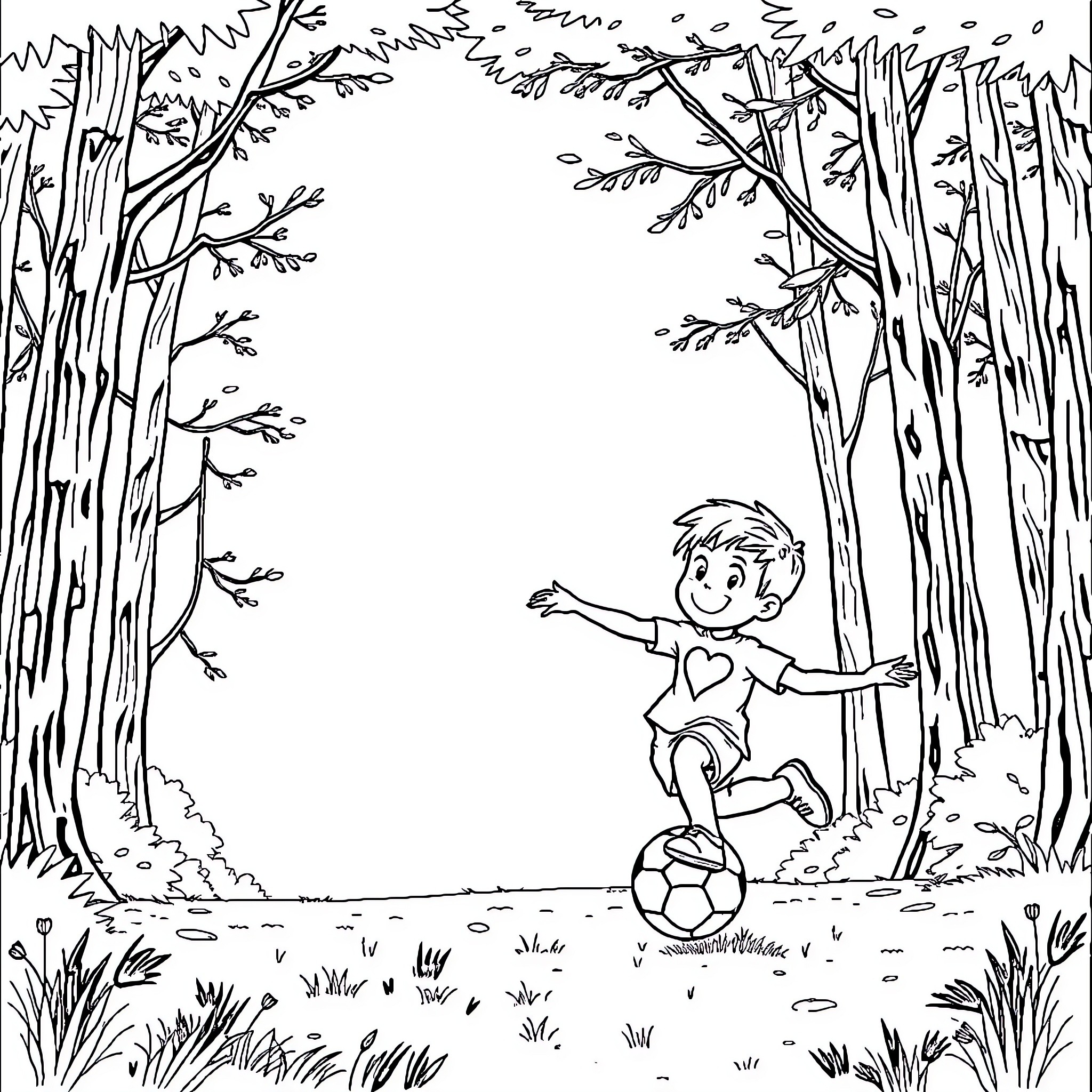 Boy playing joyfully with soccer ball in forest Coloring Page (free black-and-white line drawing printable PDF for all, from beginners to advanced learners, including children, teens, adults, and seniors)