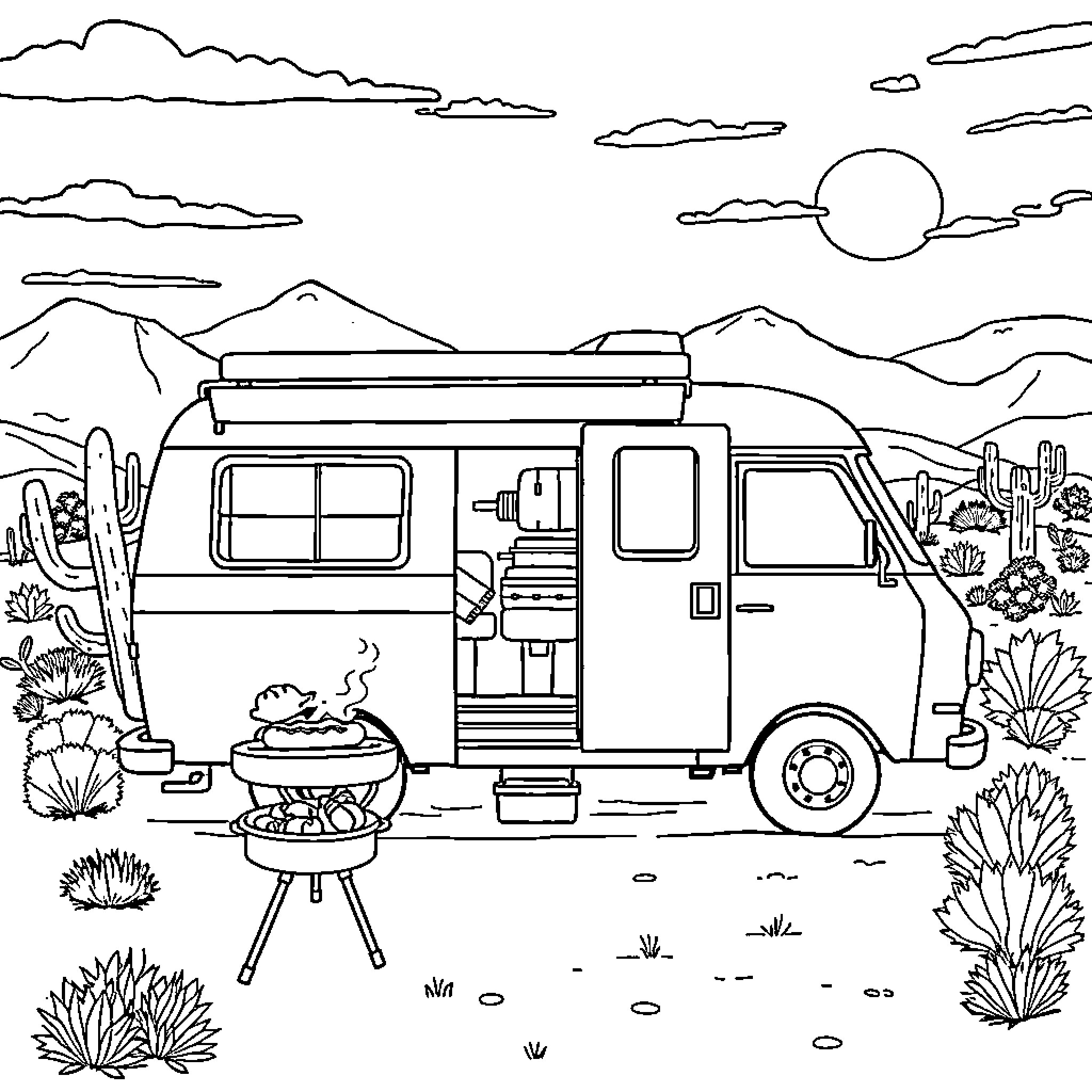Van camping adventure in the desert landscape Coloring Page (free black-and-white line drawing printable PDF for all, from beginners to advanced learners, including children, teens, adults, and seniors)