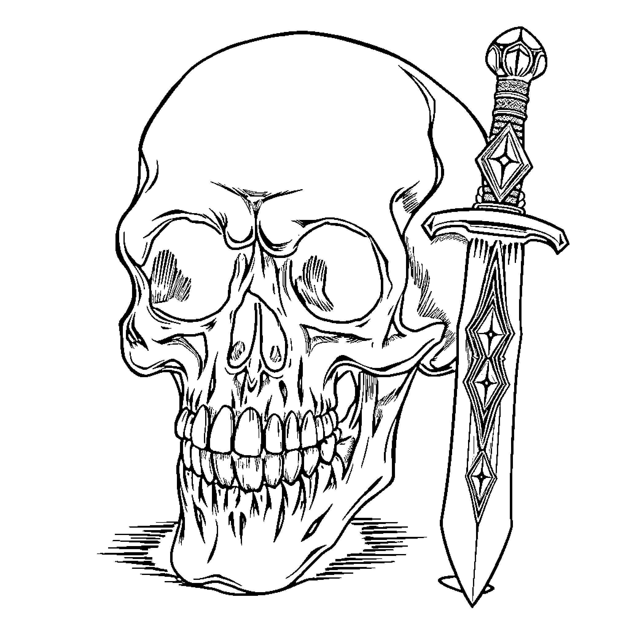 Skull wielding a dagger with intricate design Coloring Page (free black-and-white line drawing printable PDF for all, from beginners to advanced learners, including children, teens, adults, and seniors)