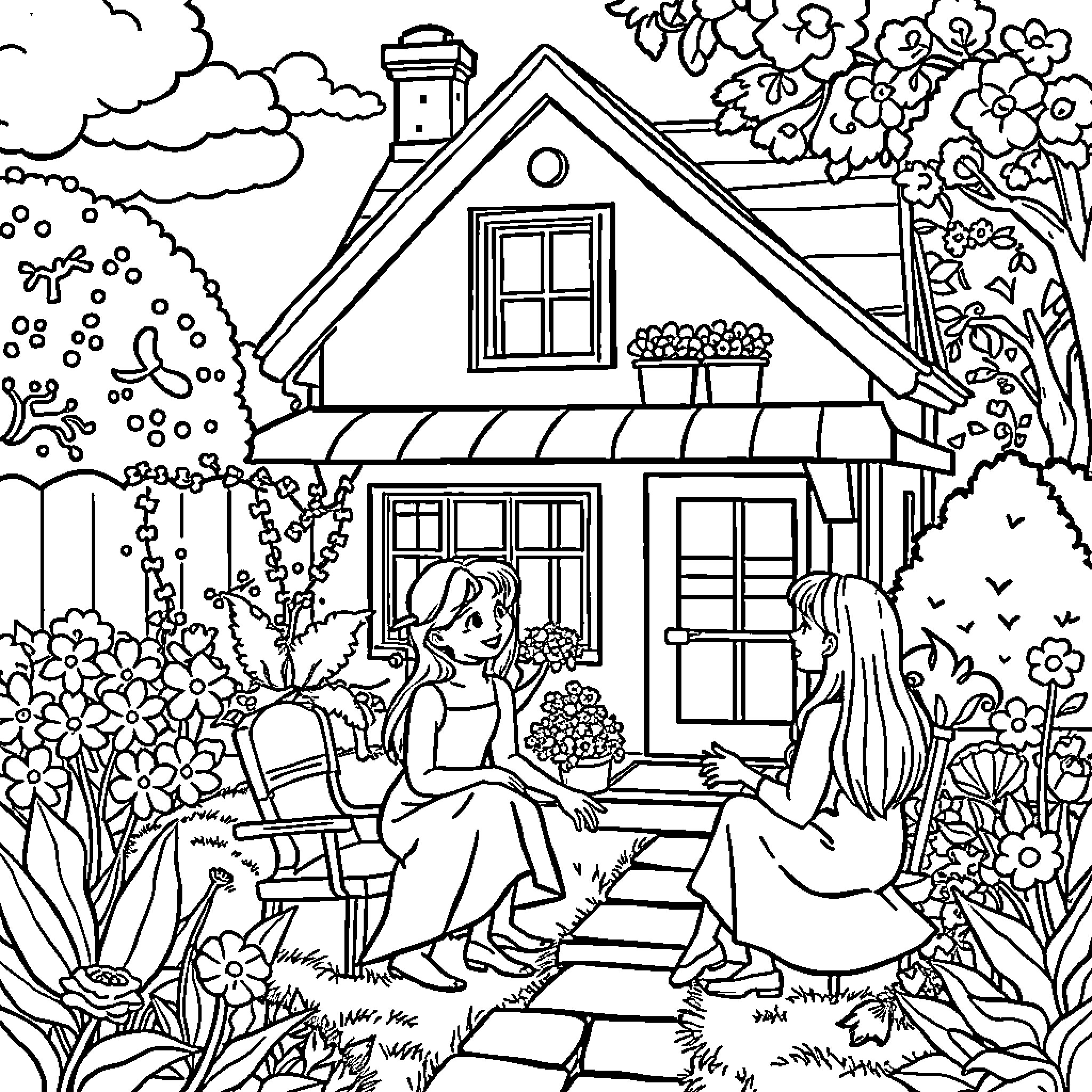 Gabby Enjoying a Spring Day at Her Cozy Cottage Coloring Page (free black-and-white line drawing printable PDF for all, from beginners to advanced learners, including children, teens, adults, and seniors)