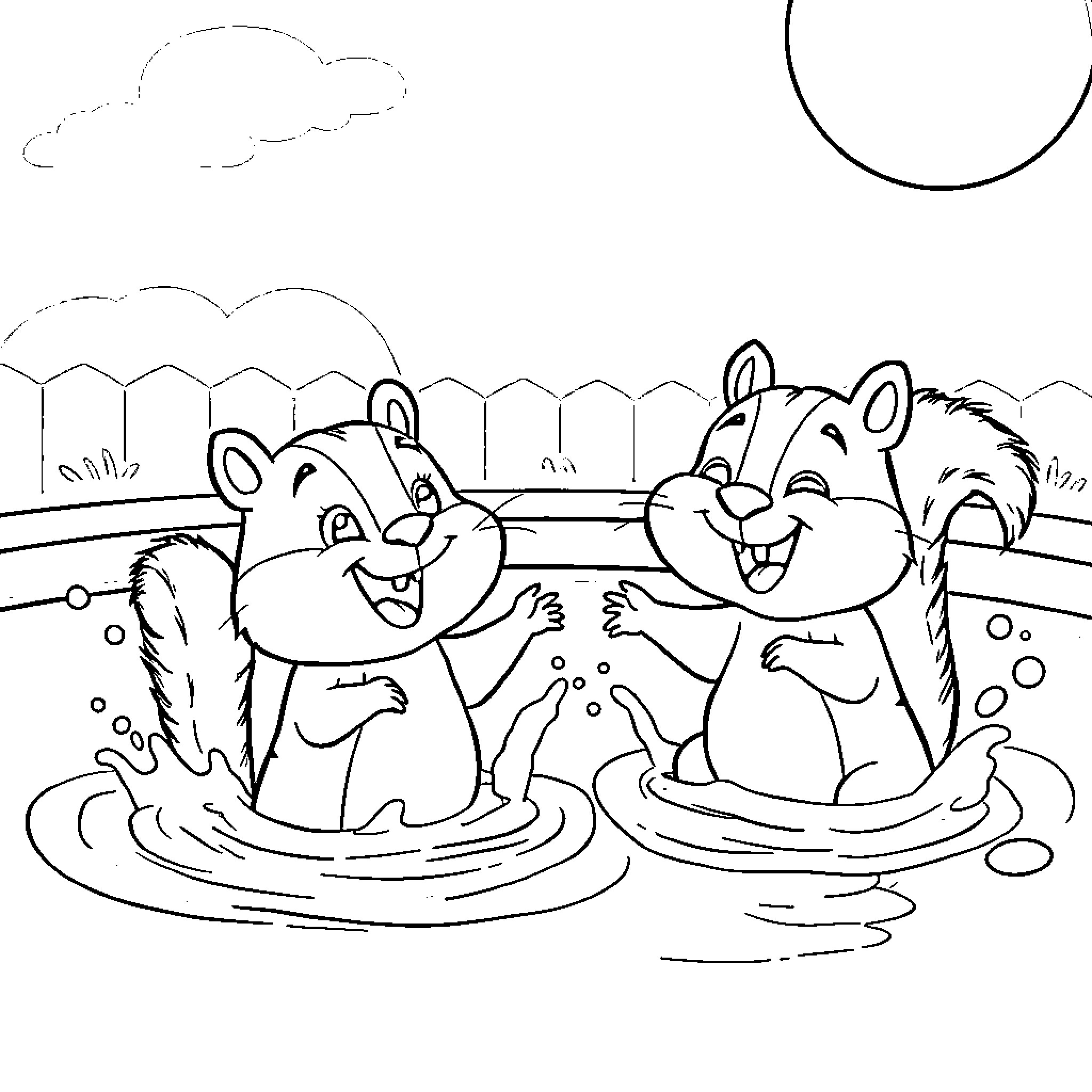 Duggee and friends playing in the water Coloring Page (free black-and-white line drawing printable PDF for all, from beginners to advanced learners, including children, teens, adults, and seniors)