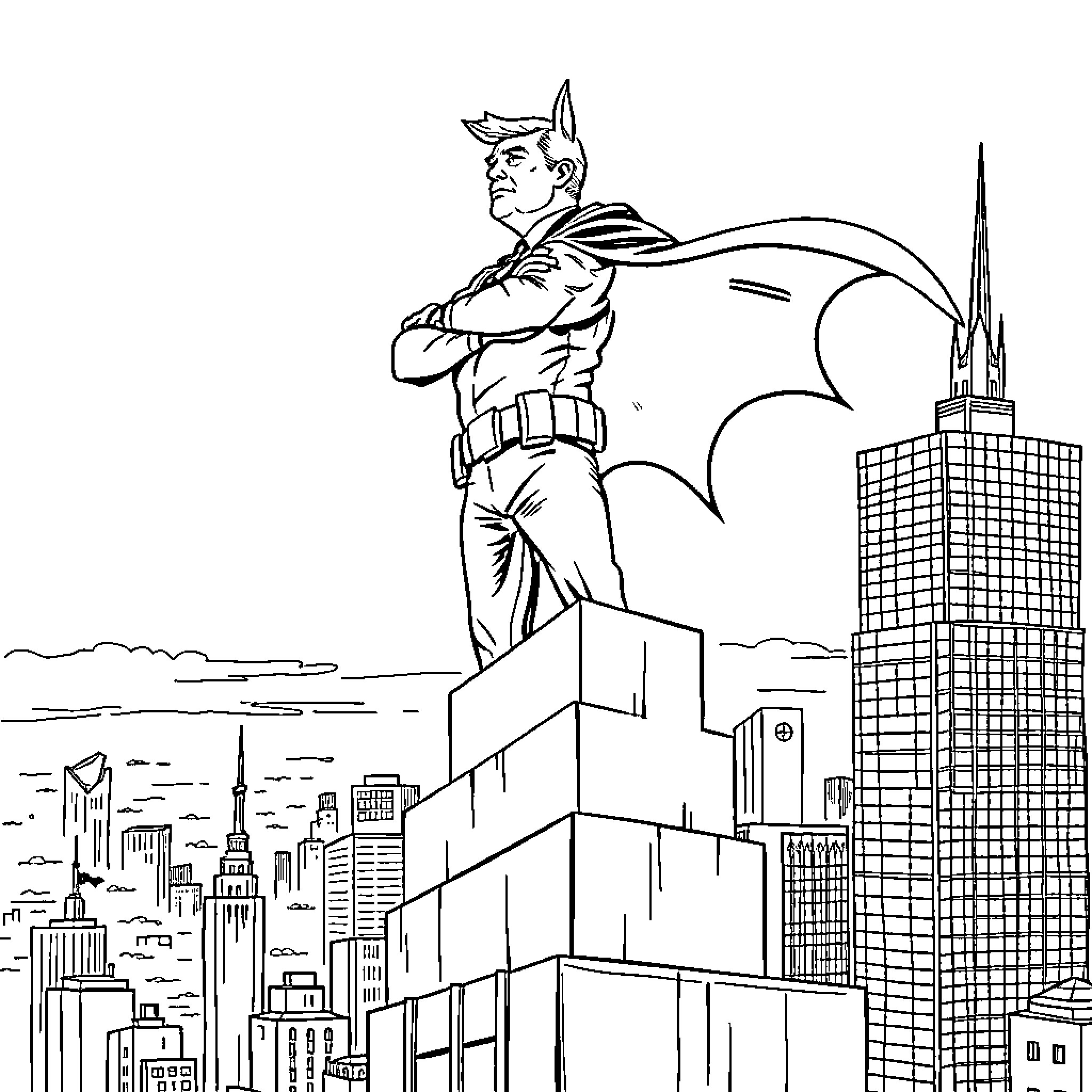 Trump Batman Surveying the City Skyline Coloring Page (free black-and-white line drawing printable PDF for all, from beginners to advanced learners, including children, teens, adults, and seniors)
