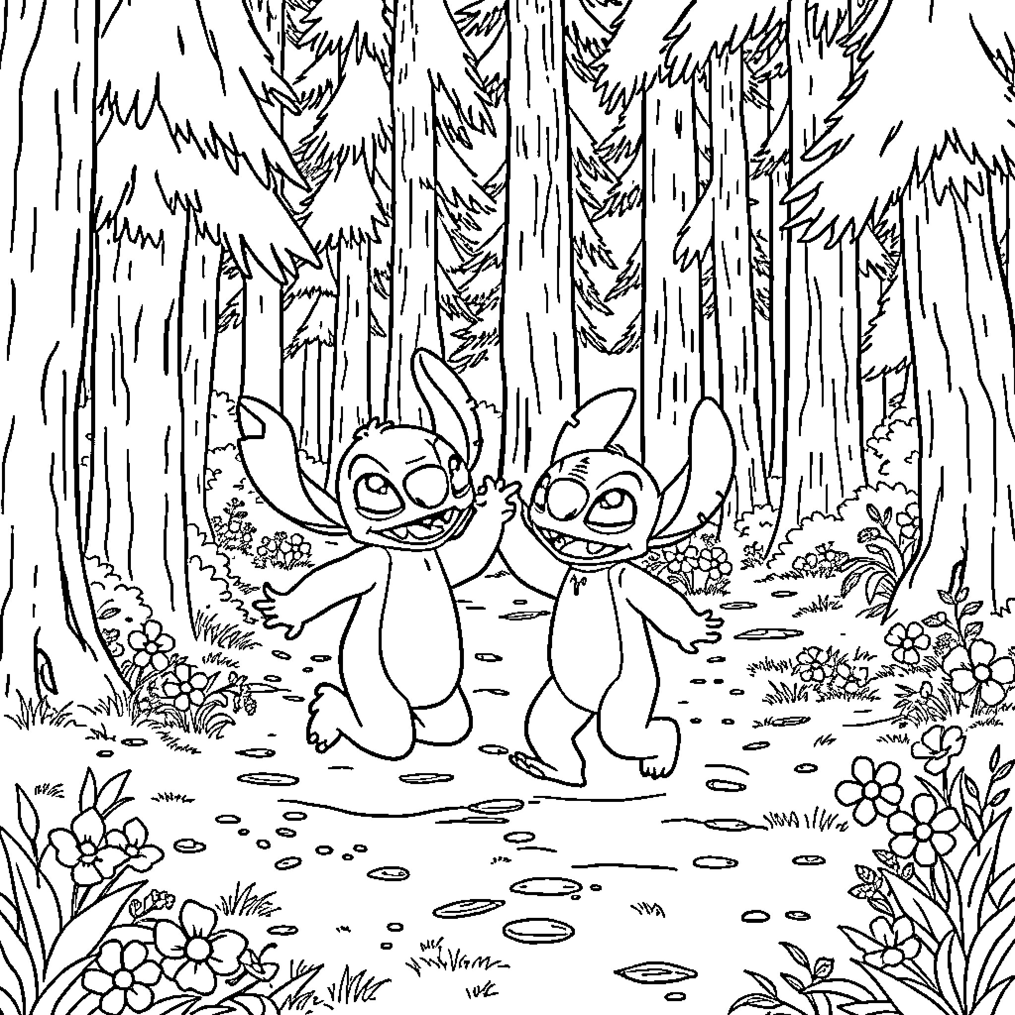 Stitch and friend explore the forest Coloring Page (free black-and-white line drawing printable PDF for all, from beginners to advanced learners, including children, teens, adults, and seniors)