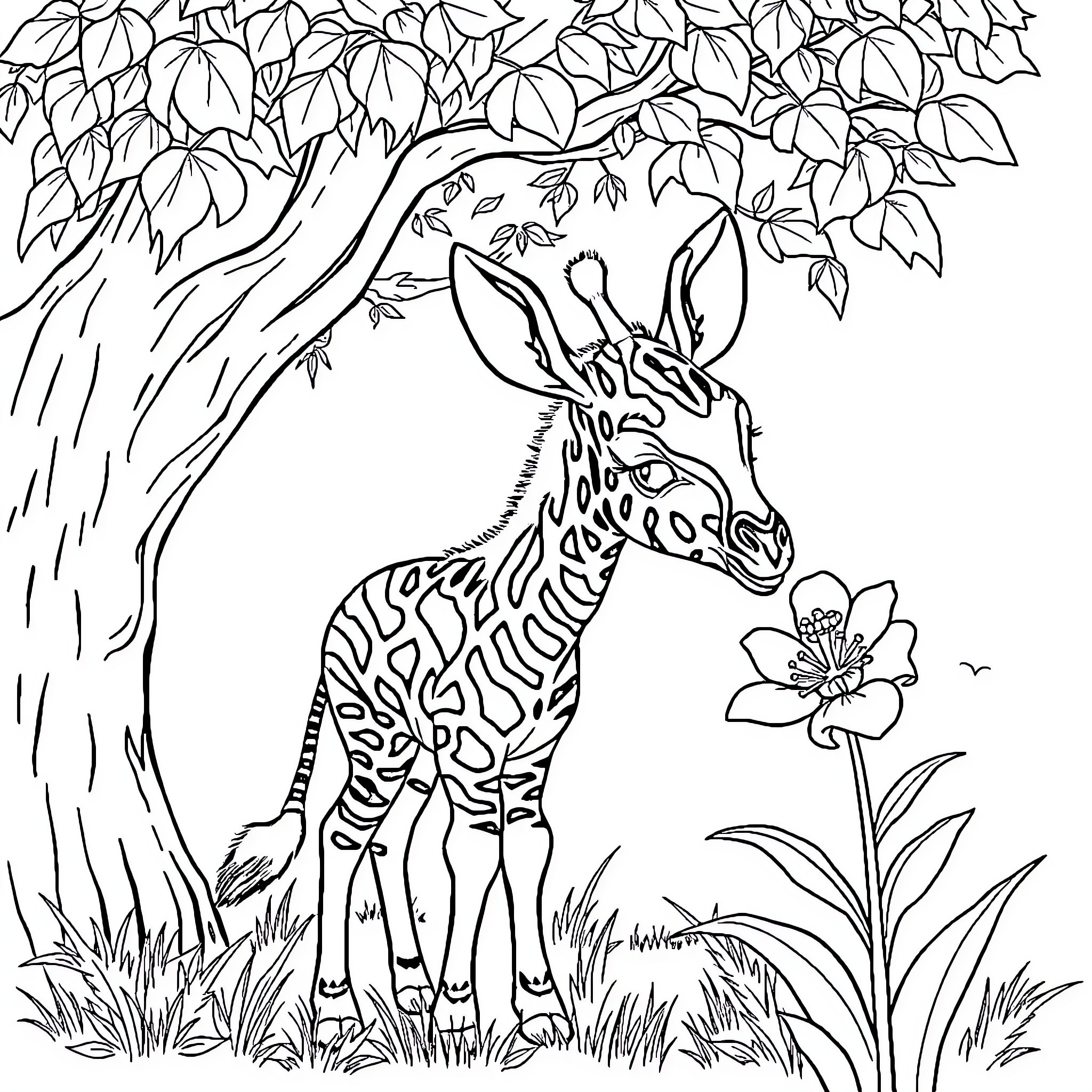 Okapi standing amongst leaves and flowers Coloring Page (free black-and-white line drawing printable PDF for all, from beginners to advanced learners, including children, teens, adults, and seniors)