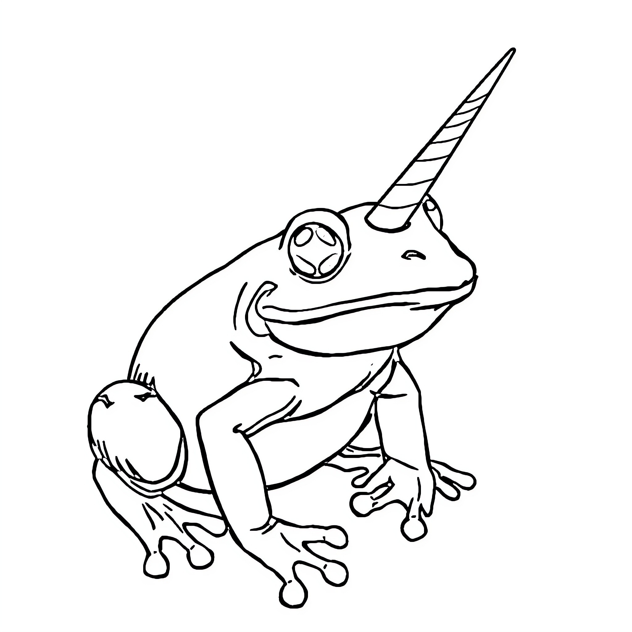 Frog unicorn hopping in whimsical pose Coloring Page (free black-and-white line drawing printable PDF for all, from beginners to advanced learners, including children, teens, adults, and seniors)