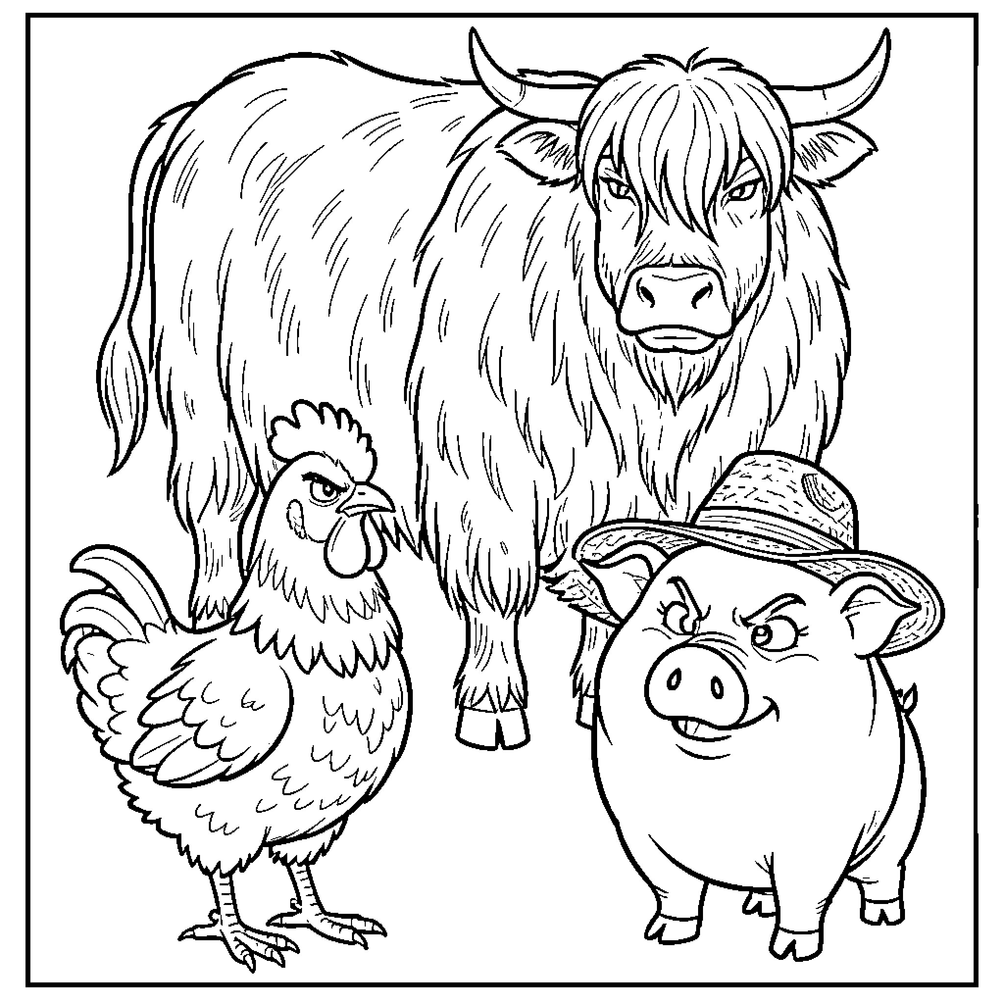 Teenage Animal Farmyard Gathering Coloring Page (free black-and-white line drawing printable PDF for all, from beginners to advanced learners, including children, teens, adults, and seniors)