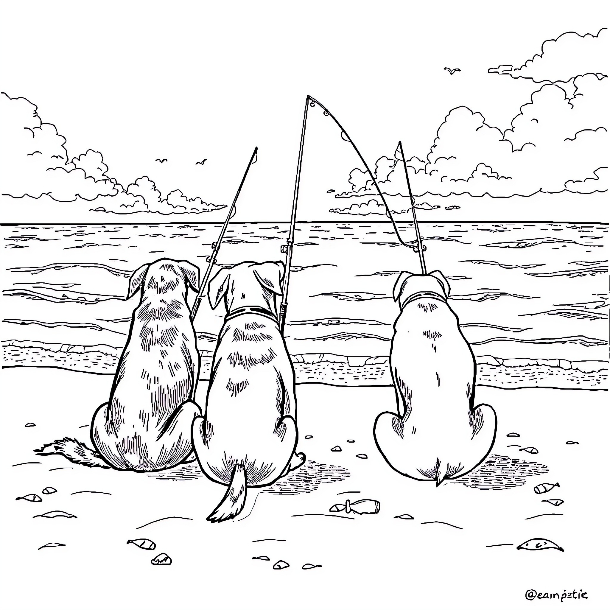 Dogs watching sailboats in the ocean Coloring Page (free black-and-white line drawing printable PDF for all, from beginners to advanced learners, including children, teens, adults, and seniors)