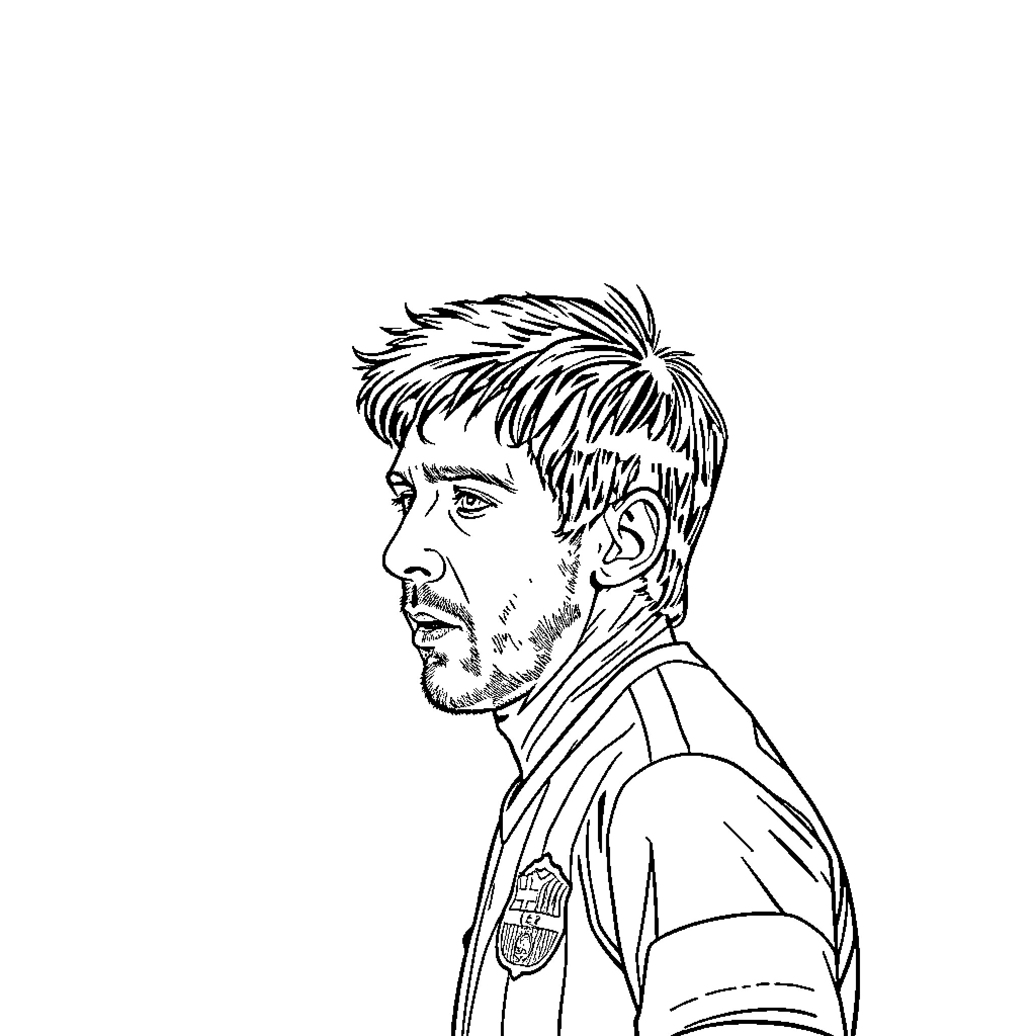 Messi in contemplative expression on football pitch Coloring Page (free black-and-white line drawing printable PDF for all, from beginners to advanced learners, including children, teens, adults, and seniors)