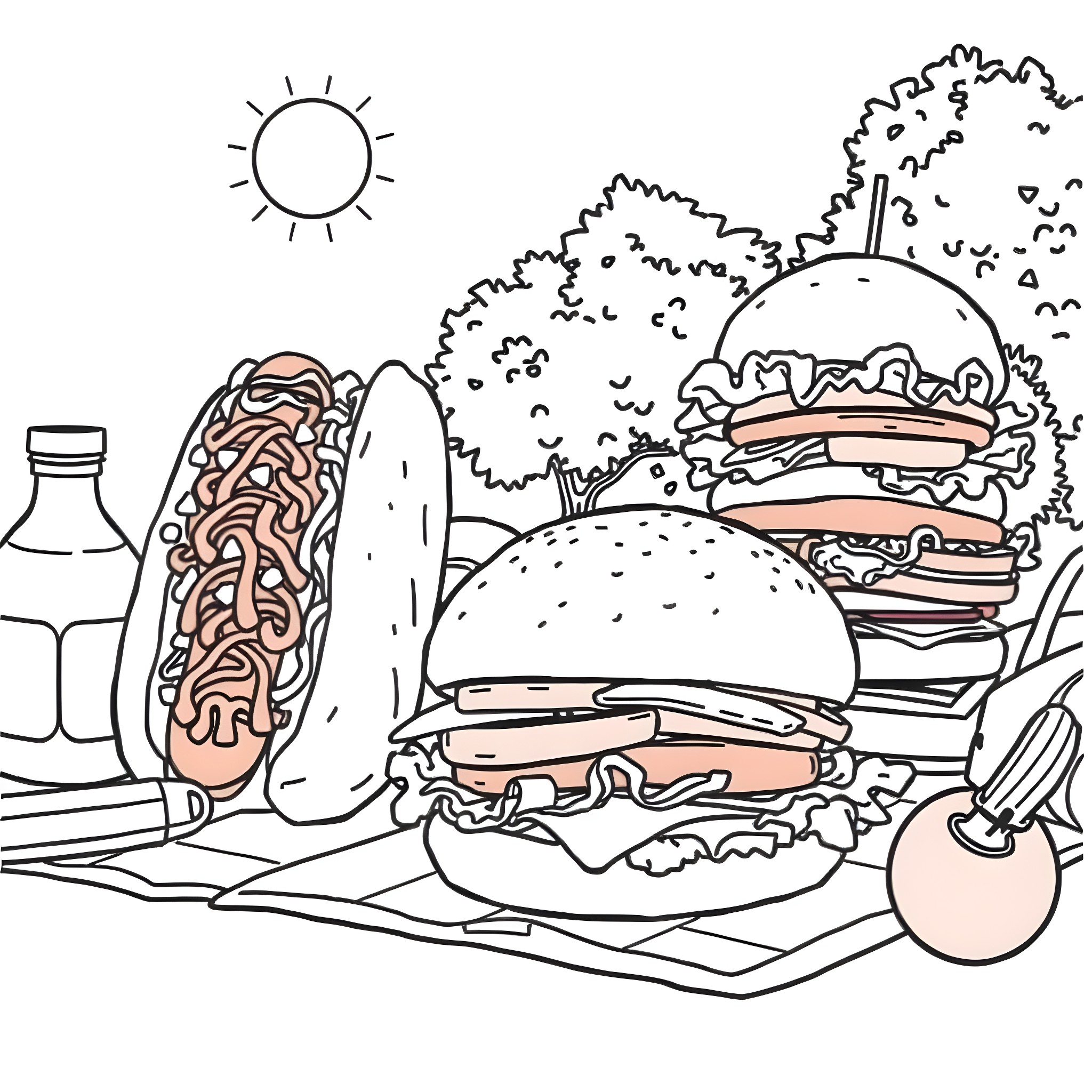 Hotdog And Hamburger Enjoying Picnic Under the Sun Coloring Page (free black-and-white line drawing printable PDF for all, from beginners to advanced learners, including children, teens, adults, and seniors)