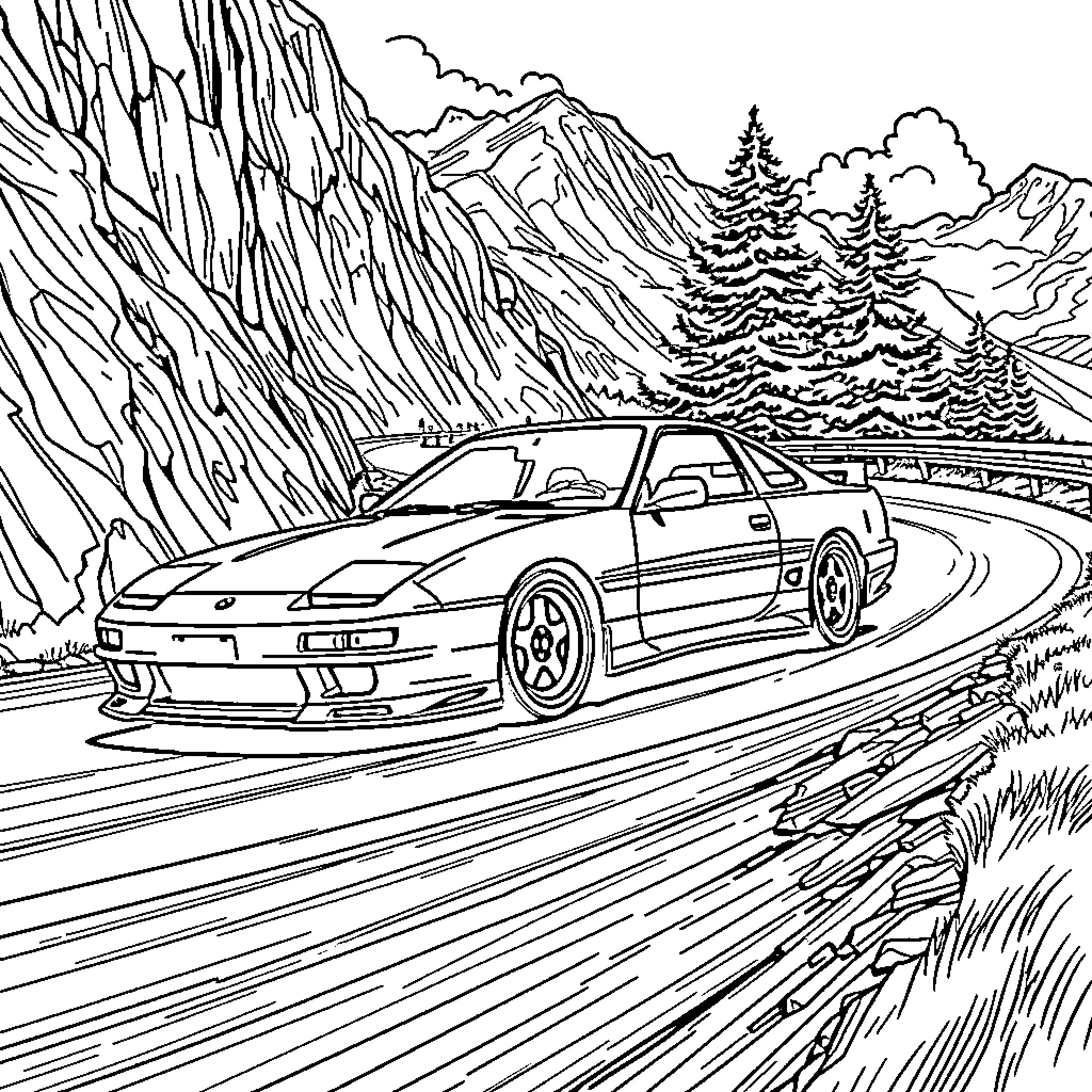 240sx driving through winding mountain road Coloring Page (free black-and-white line drawing printable PDF for all, from beginners to advanced learners, including children, teens, adults, and seniors)