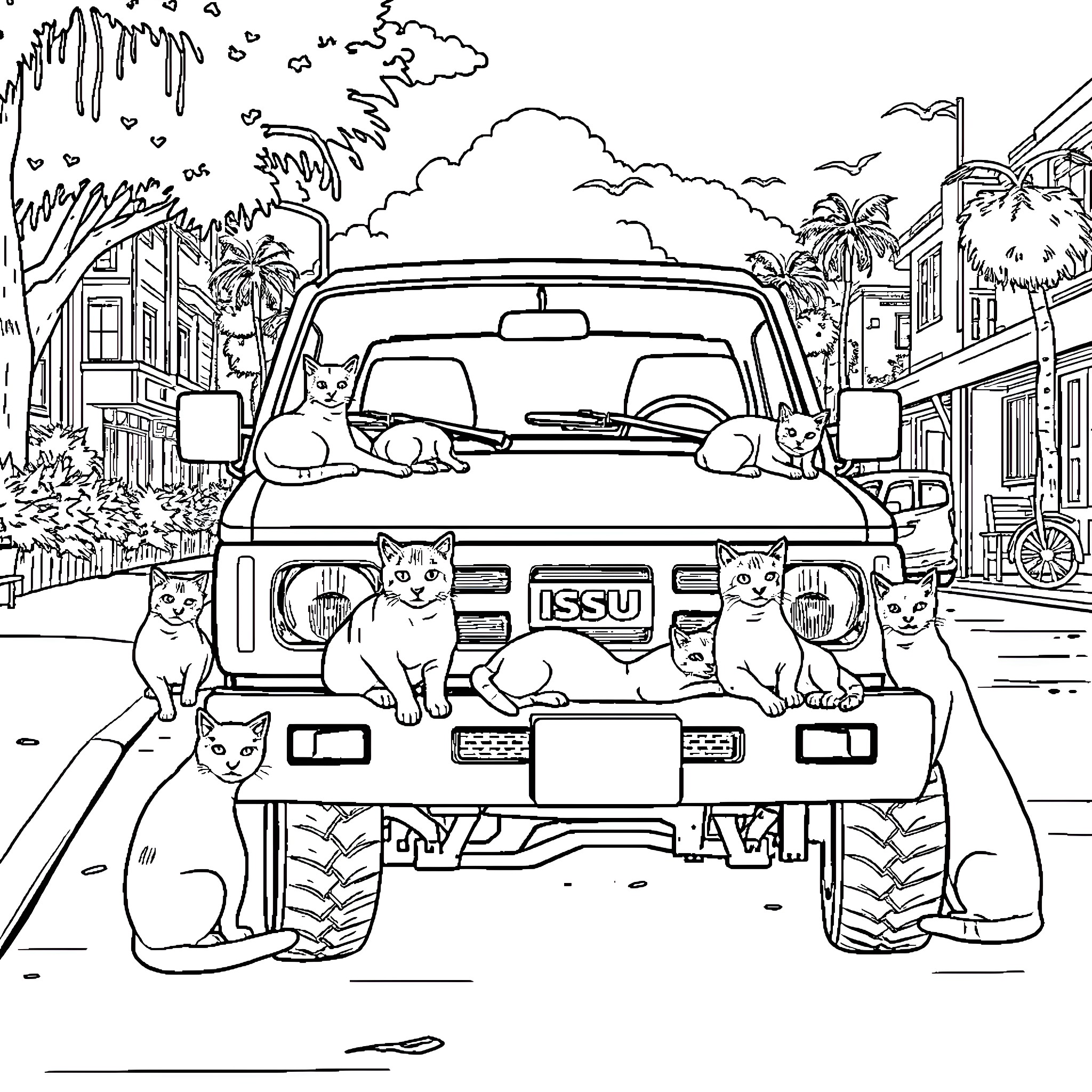 Daihatsu HiJet surrounded by cats in a tropical town Coloring Page (free black-and-white line drawing printable PDF for all, from beginners to advanced learners, including children, teens, adults, and seniors)