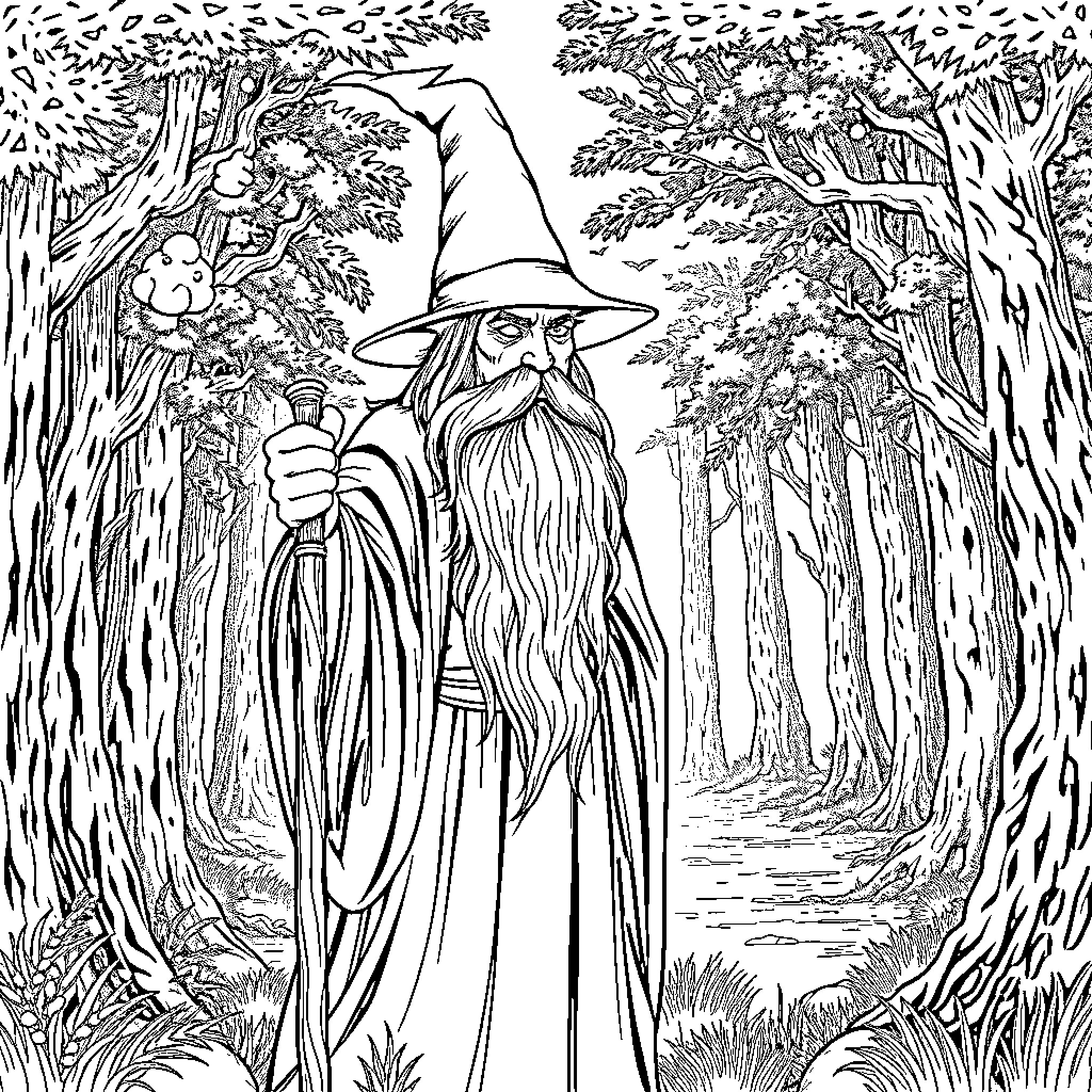 Gandalf the Wizard in the Enchanted Forest Coloring Page (free black-and-white line drawing printable PDF for all, from beginners to advanced learners, including children, teens, adults, and seniors)