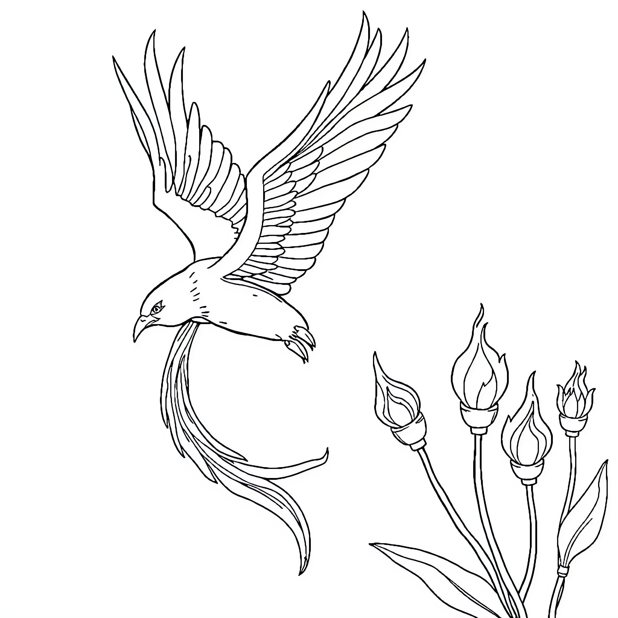Phoenix rising with majestic wings Coloring Page (free black-and-white line drawing printable PDF for all, from beginners to advanced learners, including children, teens, adults, and seniors)
