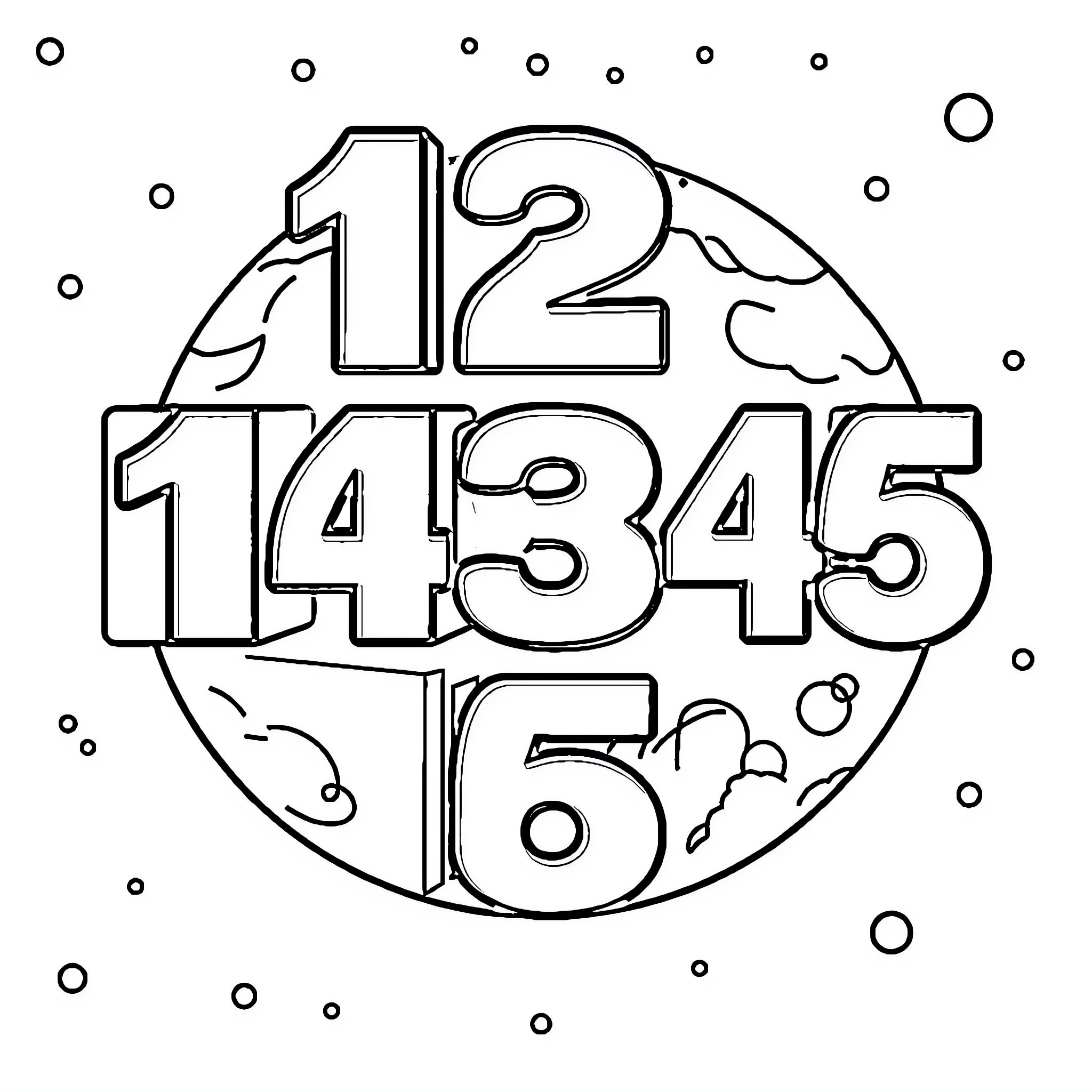 Planet of Numbers in Celestial Space Coloring Page (free black-and-white line drawing printable PDF for all, from beginners to advanced learners, including children, teens, adults, and seniors)