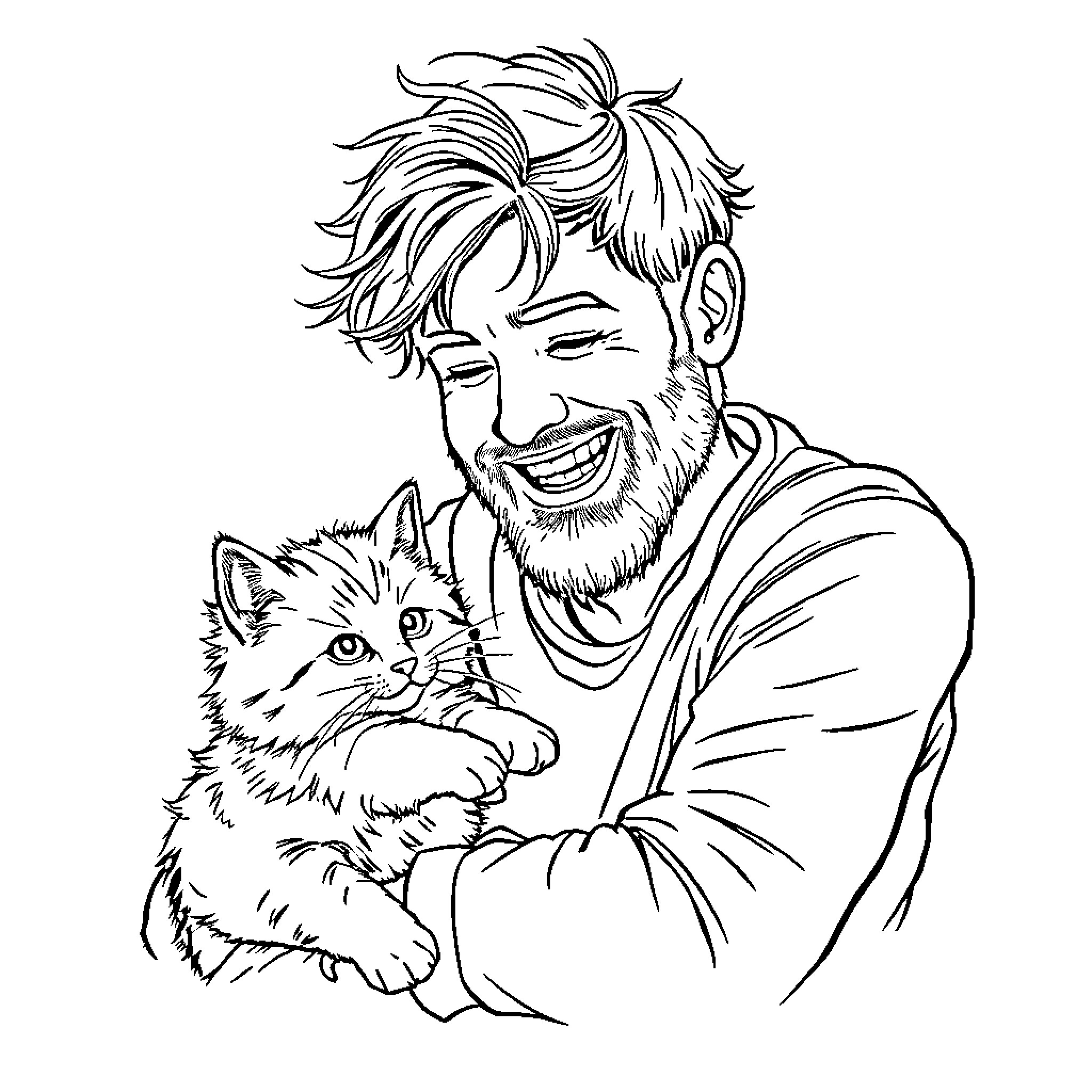 Man happily embracing a playful kitten Coloring Page (free black-and-white line drawing printable PDF for all, from beginners to advanced learners, including children, teens, adults, and seniors)
