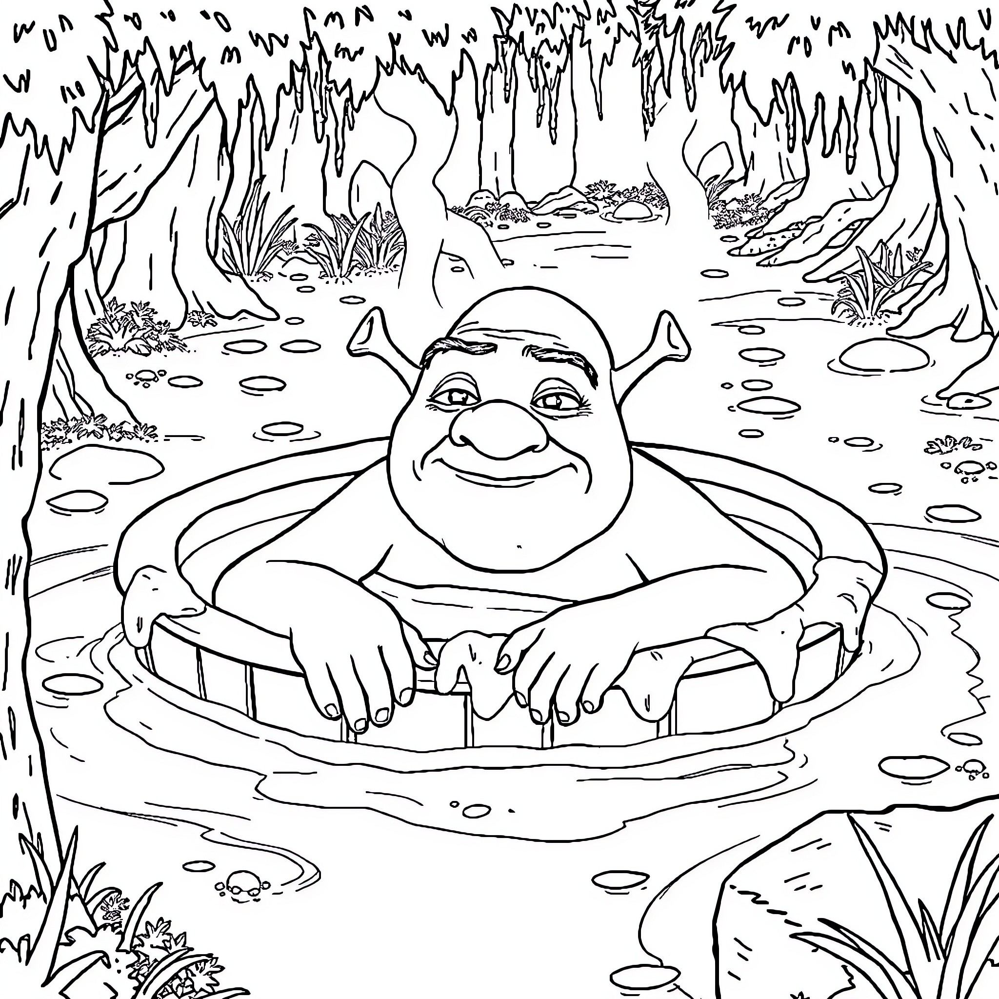 Shrek relaxing in a magical swamp scene Coloring Page (free black-and-white line drawing printable PDF for all, from beginners to advanced learners, including children, teens, adults, and seniors)