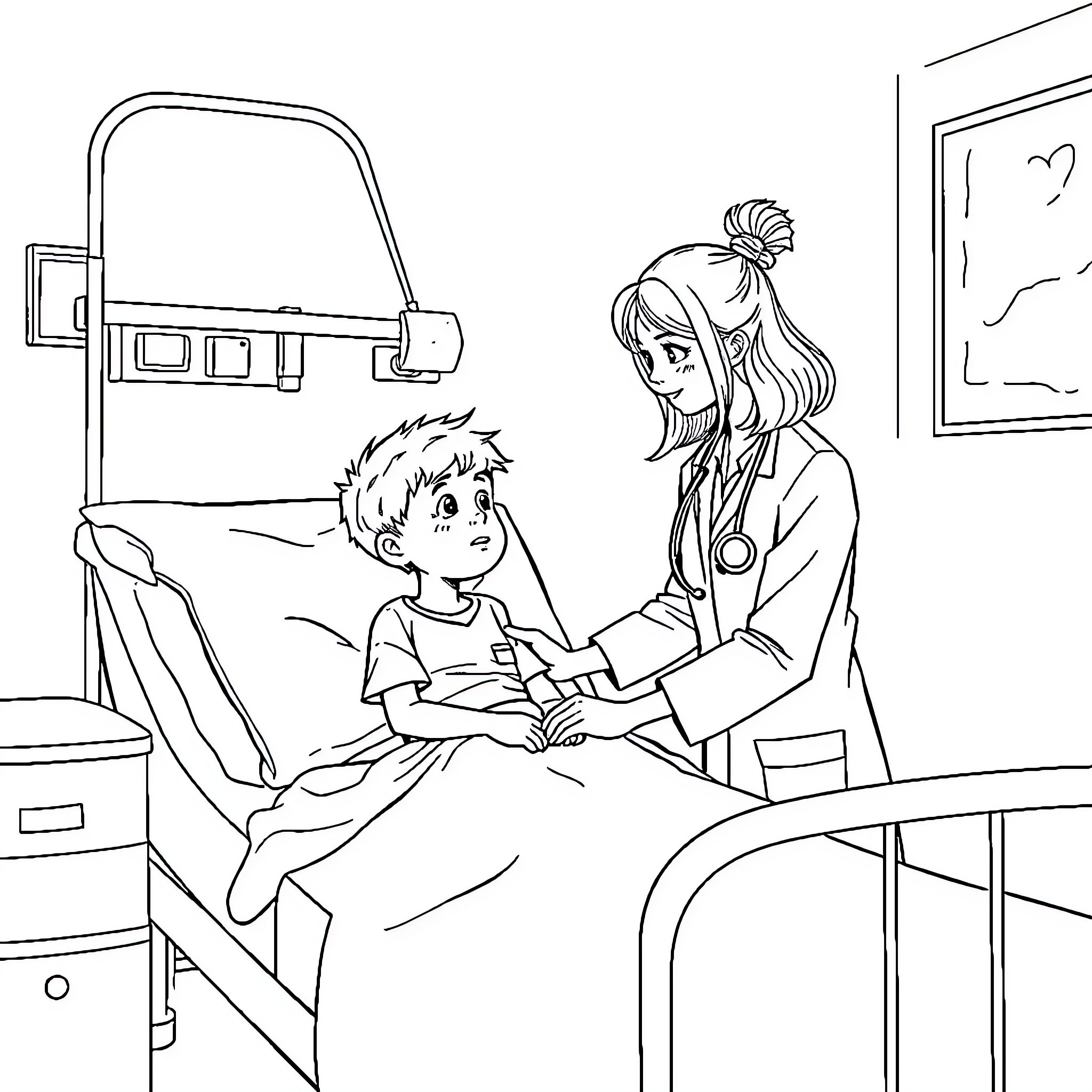 Doctor Examining Young Patient in Medical Examination Room Coloring Page (free black-and-white line drawing printable PDF for all, from beginners to advanced learners, including children, teens, adults, and seniors)
