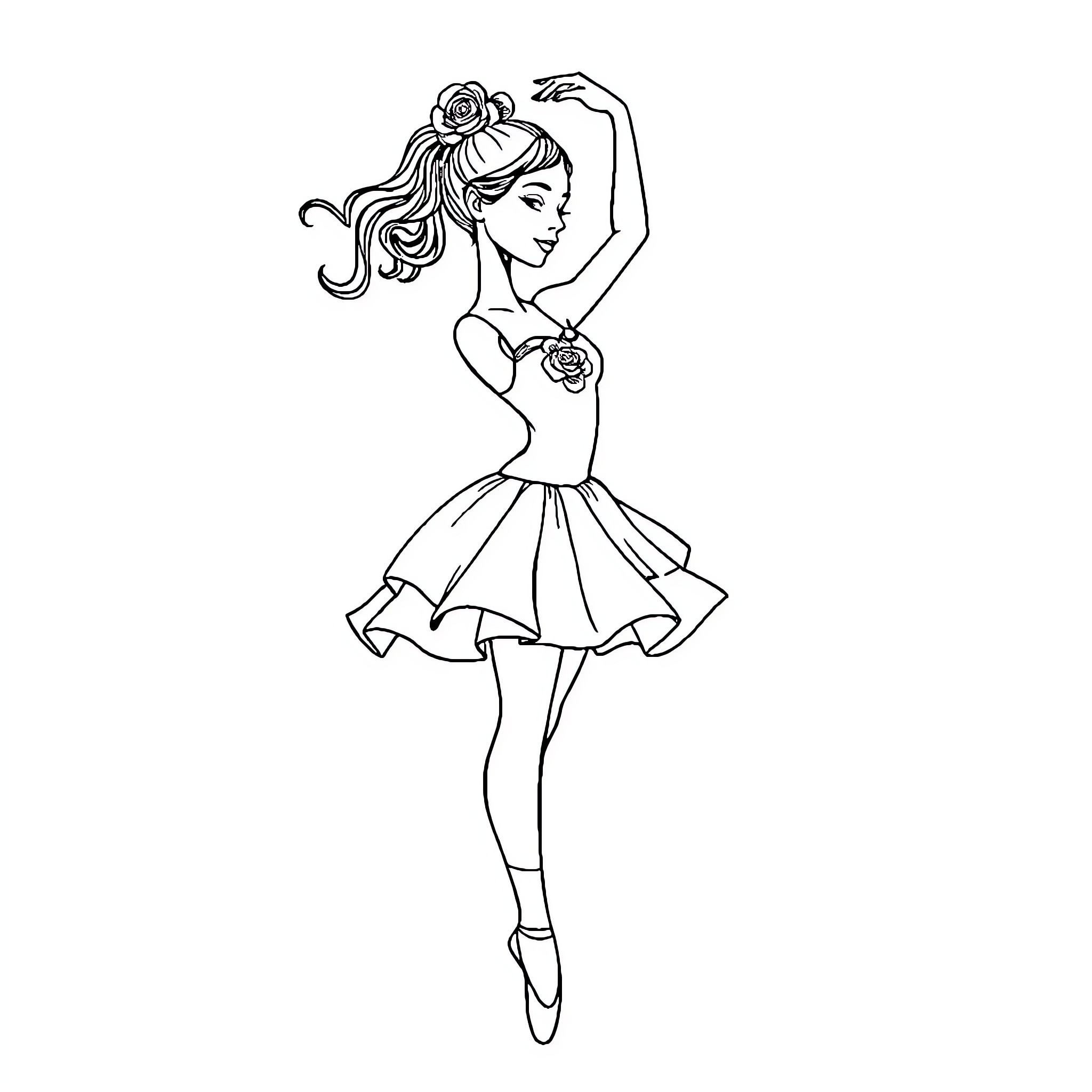 Ballet Dancer Performing Graceful Moves Coloring Page (free black-and-white line drawing printable PDF for all, from beginners to advanced learners, including children, teens, adults, and seniors)