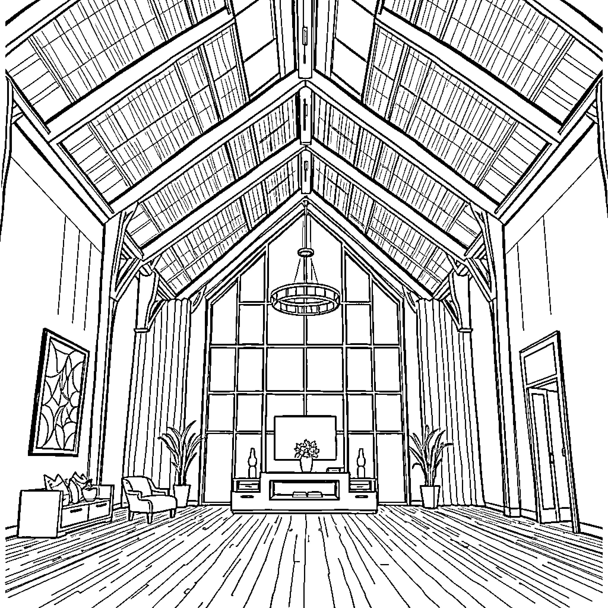 Big interior of a wooden cabin with high ceiling Coloring Page (free black-and-white line drawing printable PDF for all, from beginners to advanced learners, including children, teens, adults, and seniors)