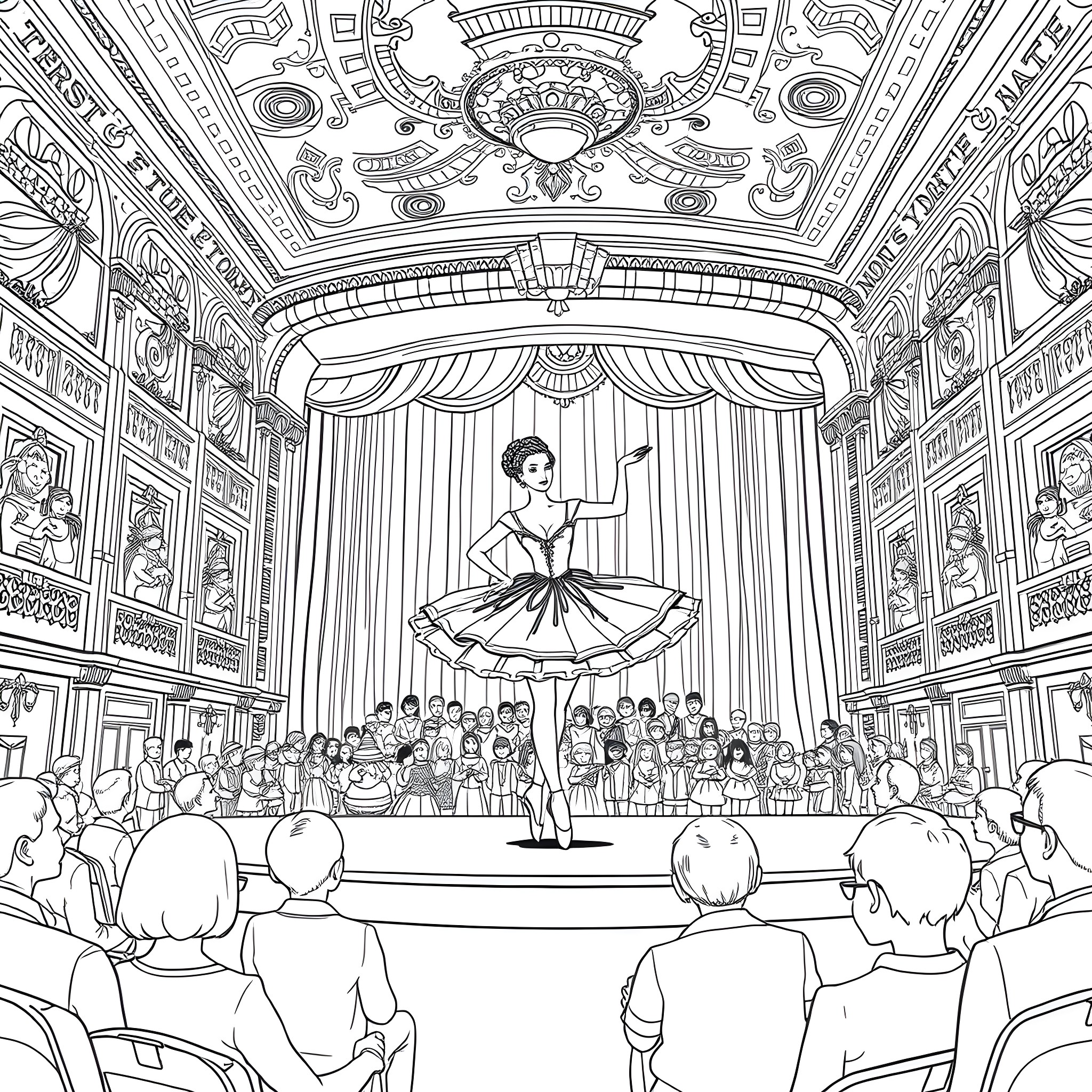 Ballerina Performing on Stage in Ornate Theater Coloring Page (free black-and-white line drawing printable PDF for all, from beginners to advanced learners, including children, teens, adults, and seniors)