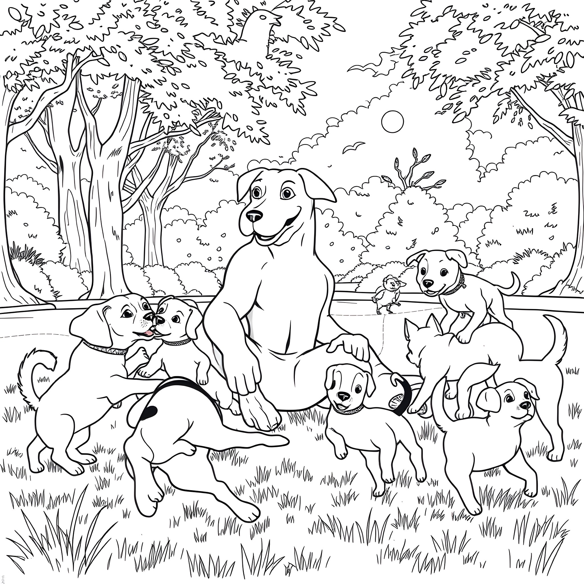 Drake's Doggy Daycare in the Enchanted Forest Coloring Page (free black-and-white line drawing printable PDF for all, from beginners to advanced learners, including children, teens, adults, and seniors)