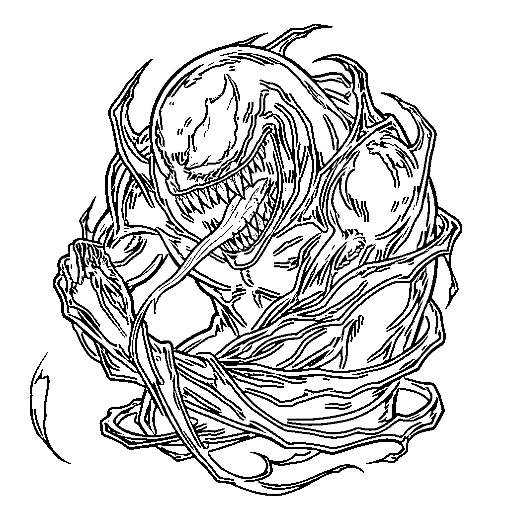 Venom snarling with a long tongue extended Coloring Page (free black-and-white line drawing printable PDF for all, from beginners to advanced learners, including children, teens, adults, and seniors)