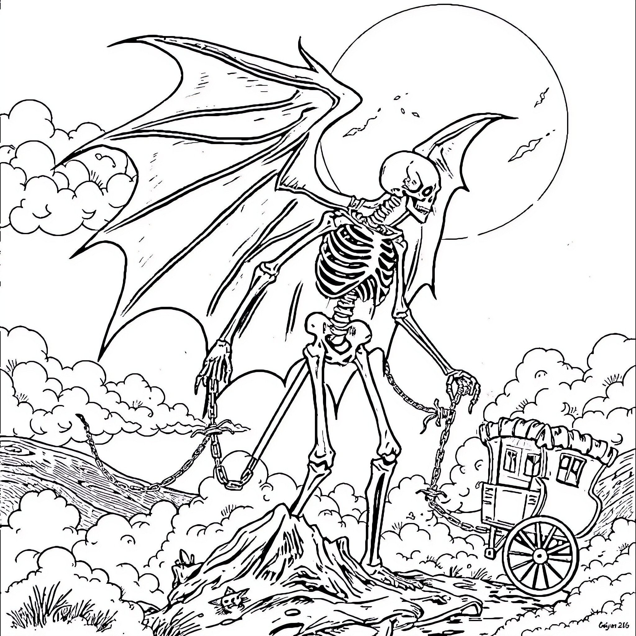 Skeleton creature flying over a burning village Coloring Page (free black-and-white line drawing printable PDF for all, from beginners to advanced learners, including children, teens, adults, and seniors)