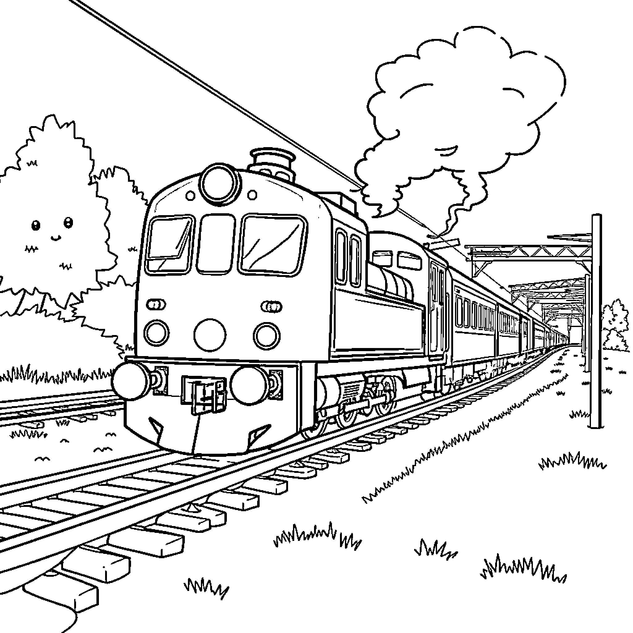 Train travelling swiftly on the railway track Coloring Page (free black-and-white line drawing printable PDF for all, from beginners to advanced learners, including children, teens, adults, and seniors)