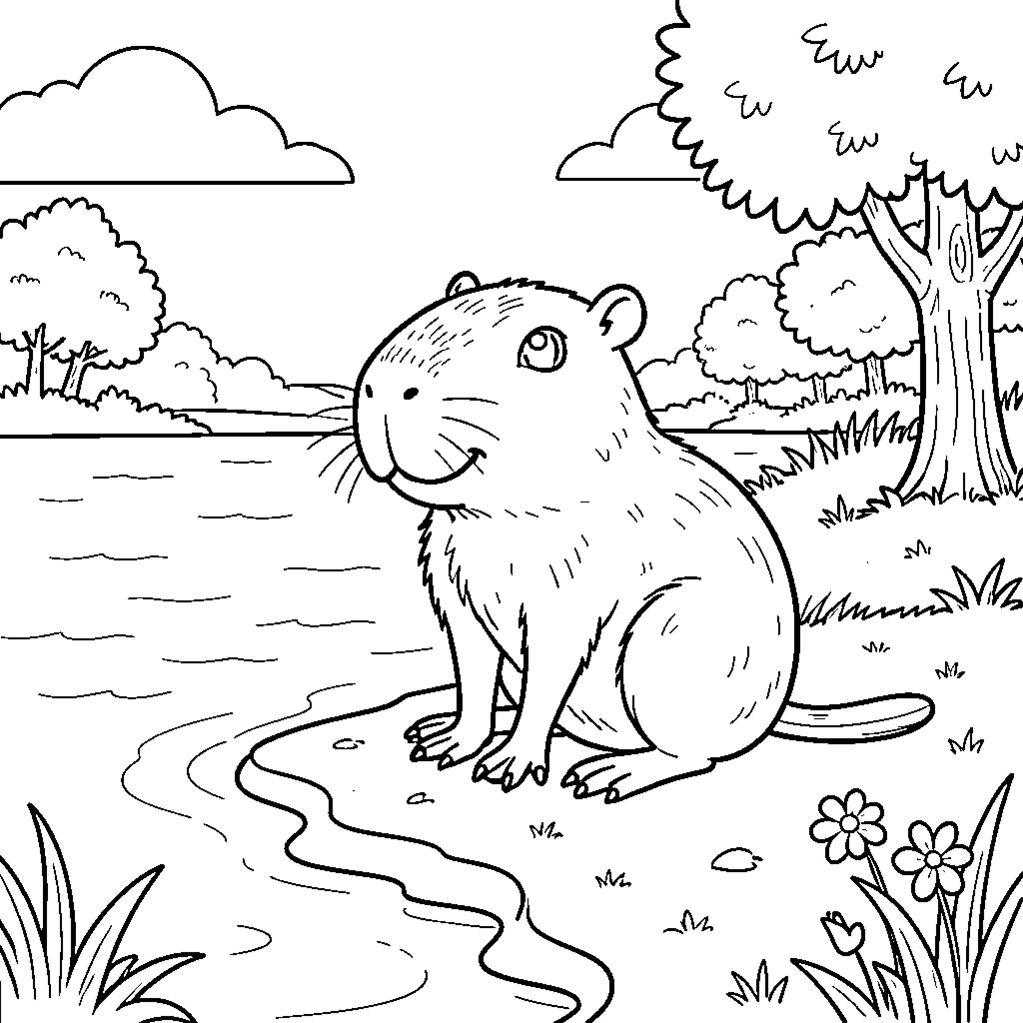 Capybara enjoying a peaceful day in the nature Coloring Page (free black-and-white line drawing printable PDF for all, from beginners to advanced learners, including children, teens, adults, and seniors)