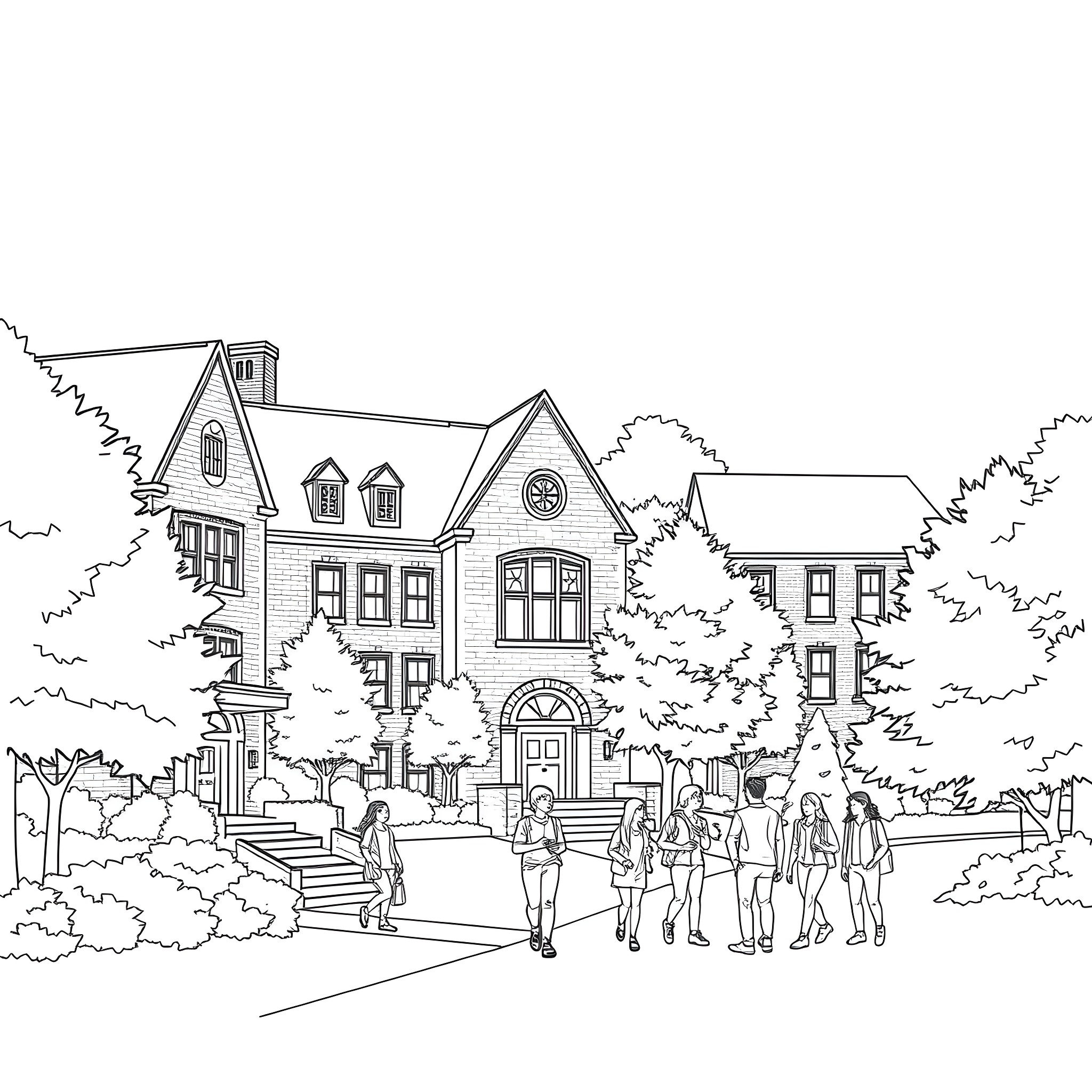 McCallie School Students Exploring Campus Buildings Coloring Page (free black-and-white line drawing printable PDF for all, from beginners to advanced learners, including children, teens, adults, and seniors)
