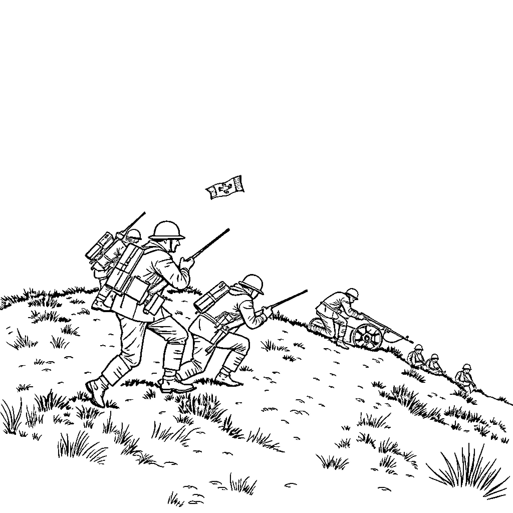 Soldiers engaged in combat operation in field Coloring Page (free black-and-white line drawing printable PDF for all, from beginners to advanced learners, including children, teens, adults, and seniors)