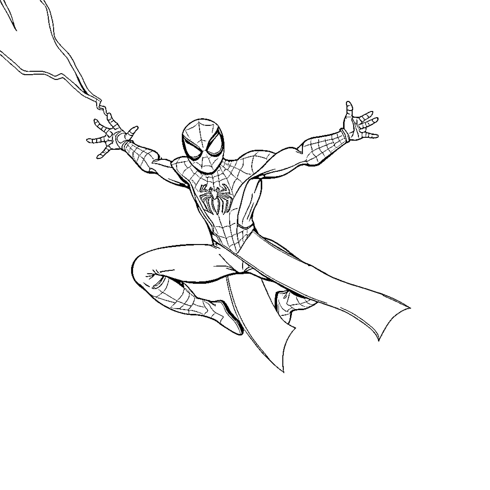 Spider-Man swinging through the city in action Coloring Page (free black-and-white line drawing printable PDF for all, from beginners to advanced learners, including children, teens, adults, and seniors)