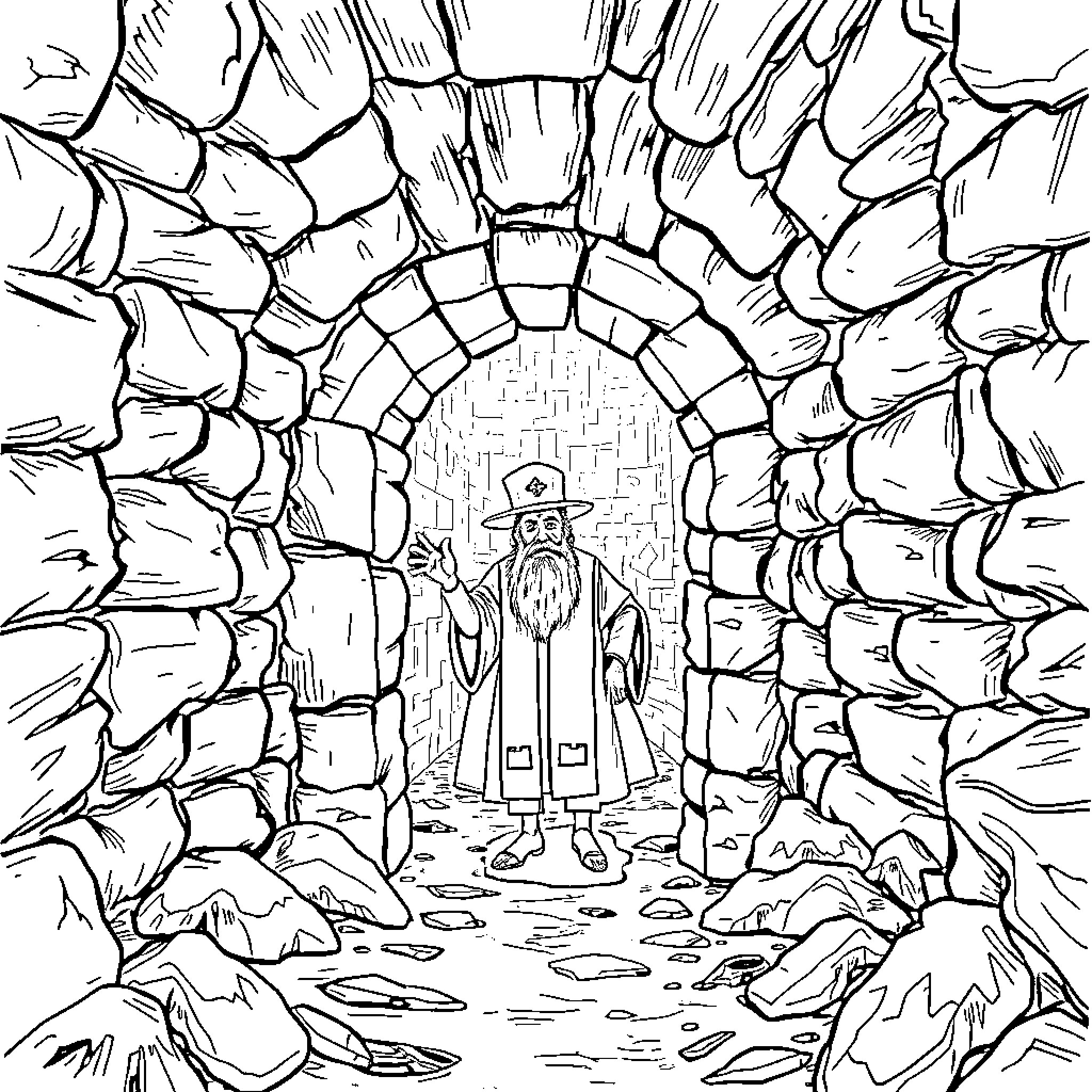 Rabbi standing in a stone archway Coloring Page (free black-and-white line drawing printable PDF for all, from beginners to advanced learners, including children, teens, adults, and seniors)