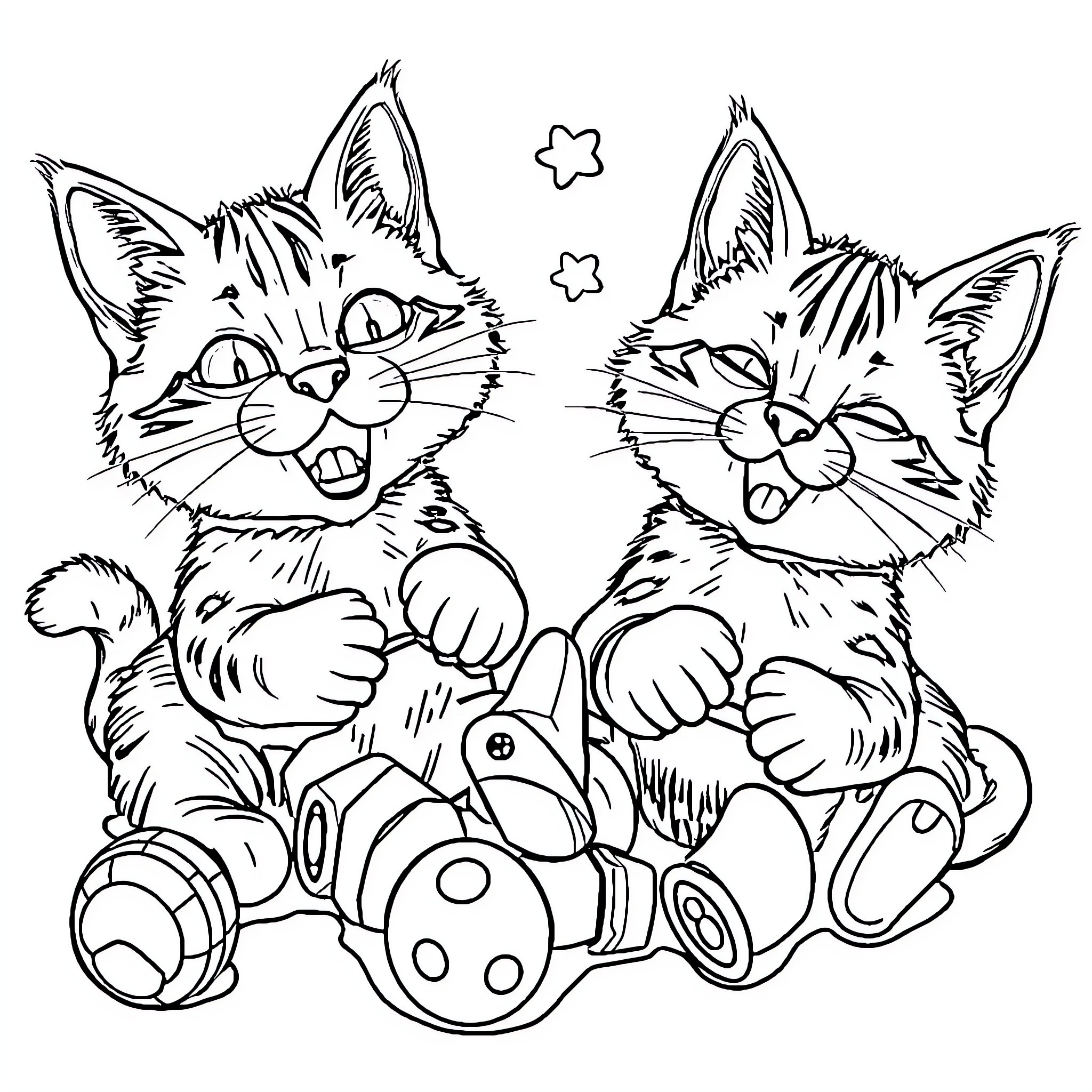 Cat kittens playing with toys happily Coloring Page (free black-and-white line drawing printable PDF for all, from beginners to advanced learners, including children, teens, adults, and seniors)